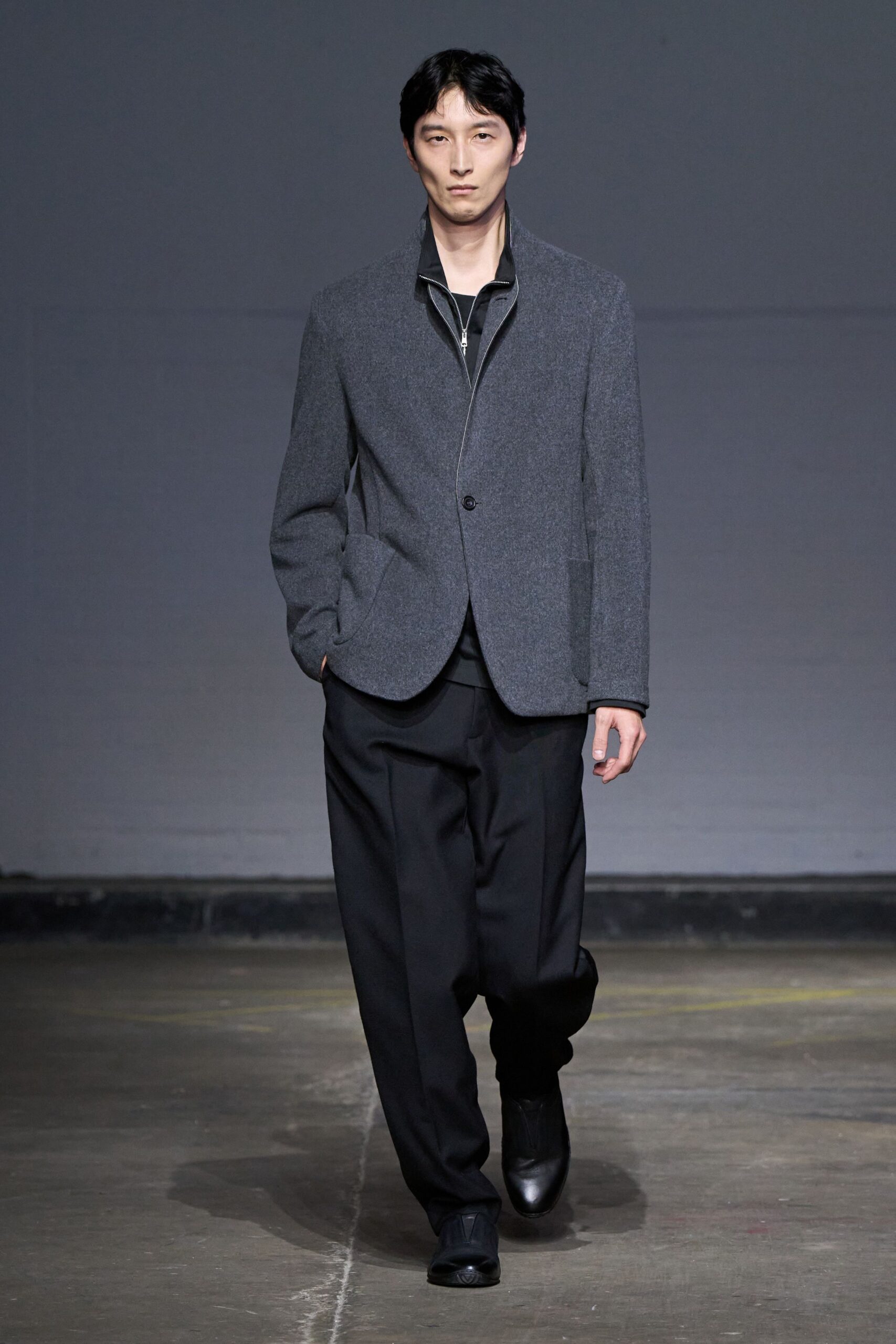 gray wool blazer black pants