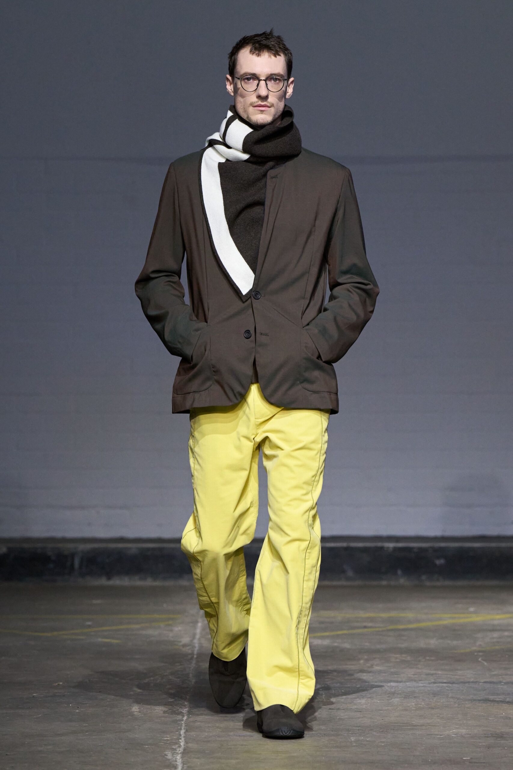 brown tailored blazer yellow pants