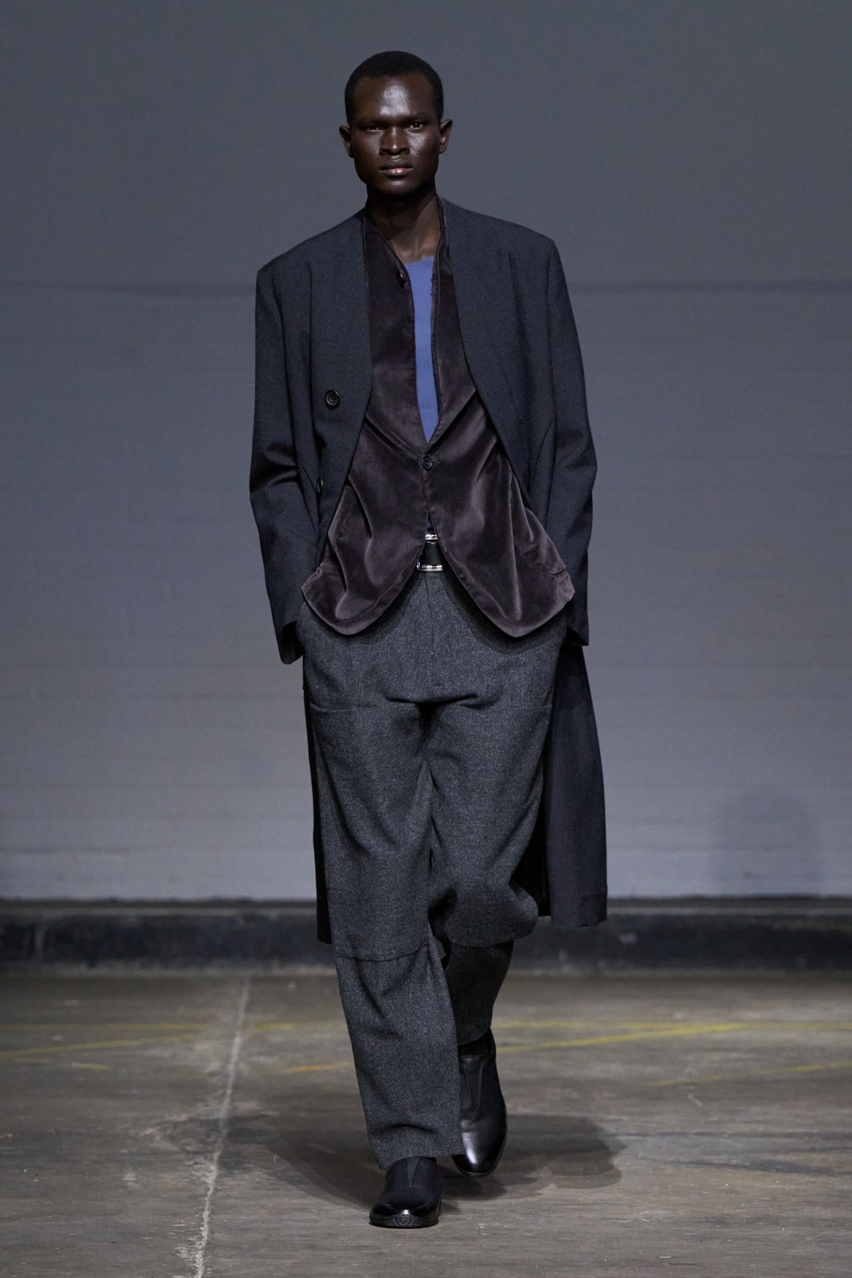 black wool coat with velvet blazer