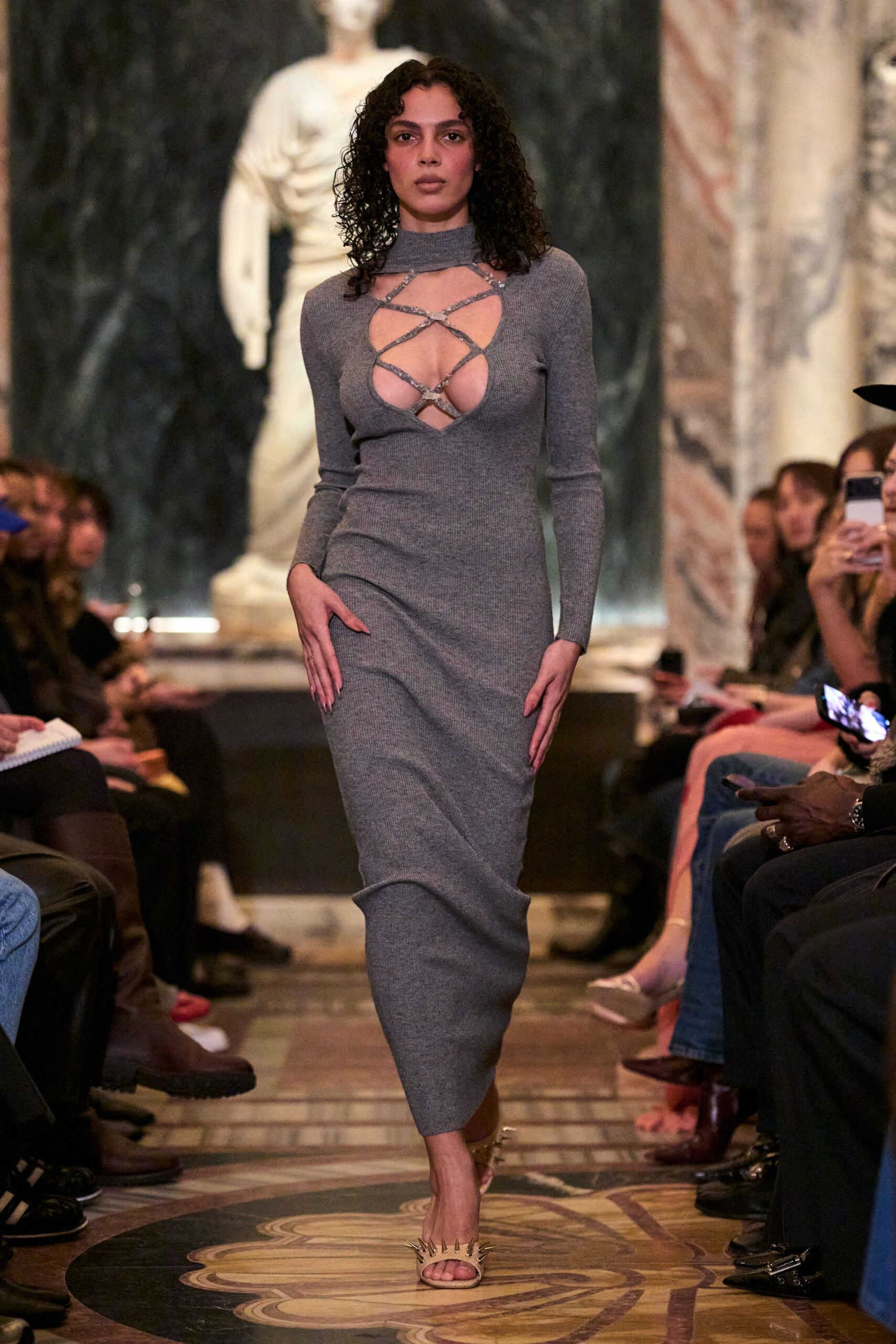 gray knit long-sleeve v-neck fitted ruched midi dress