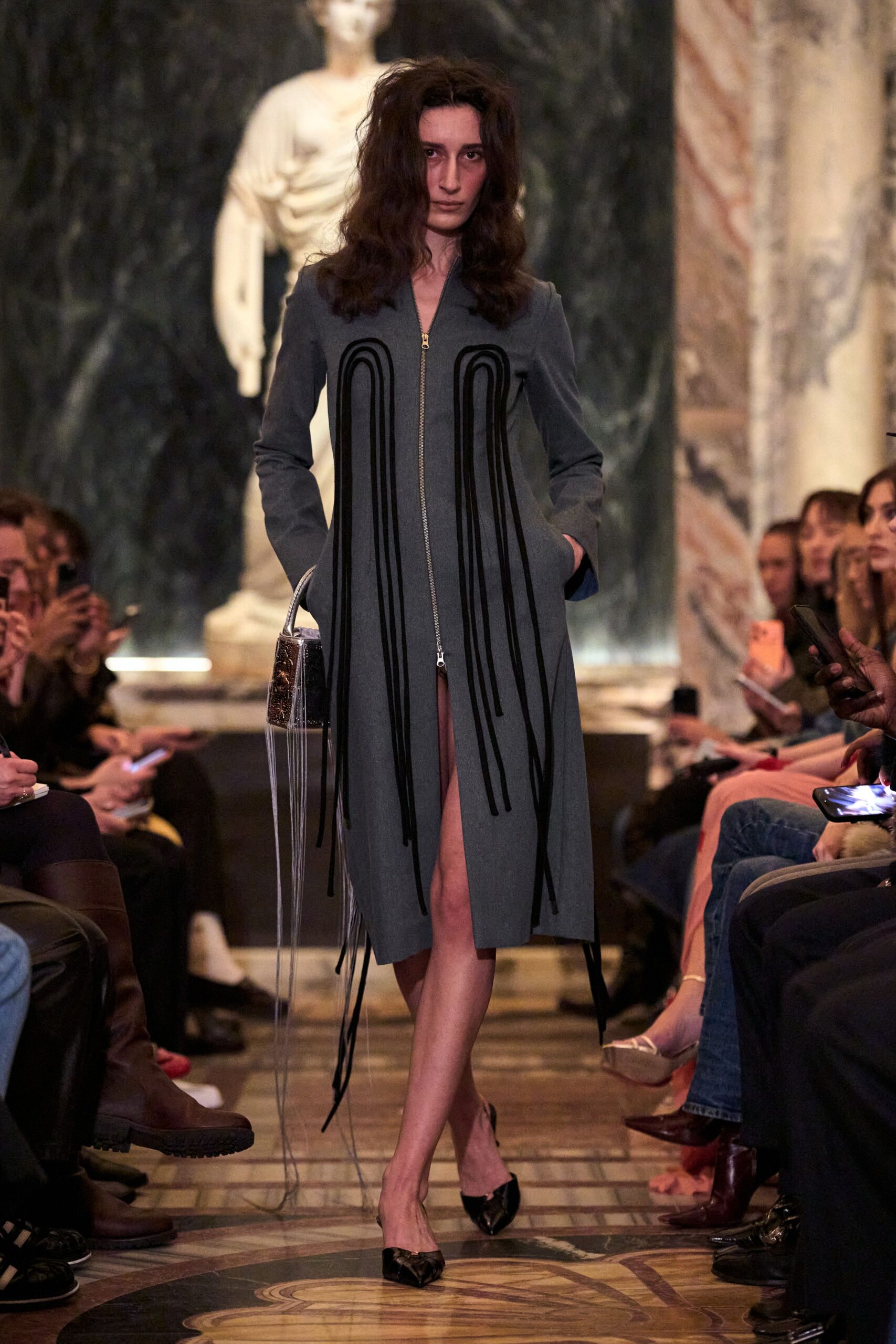 gray fitted coat with fringes