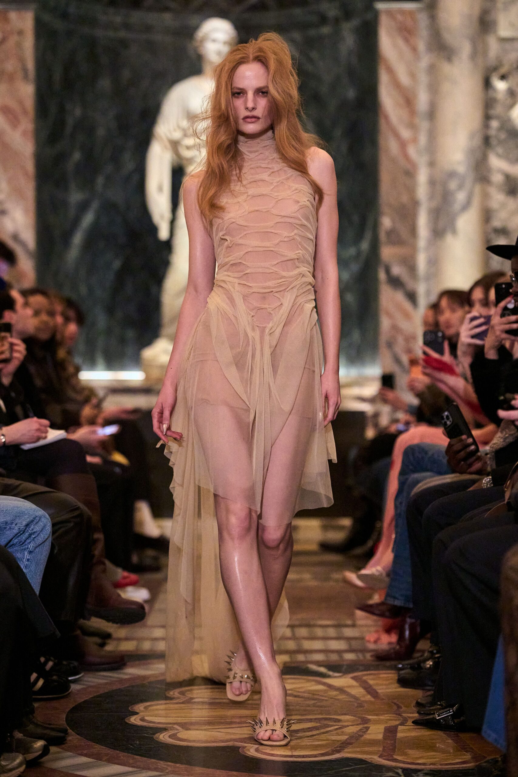 beige chiffon sleeveless high-neck fitted ruched sheer dress