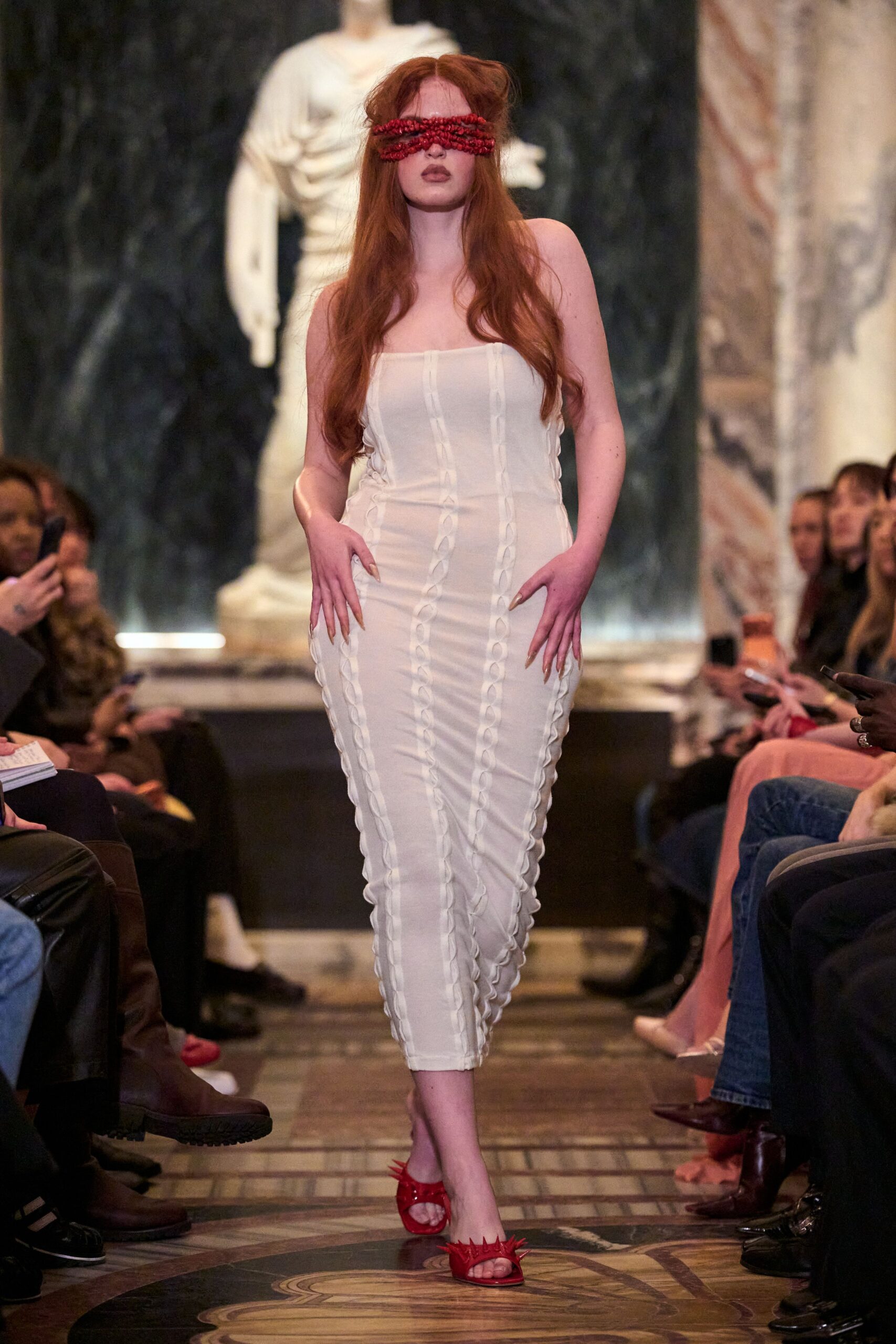 fitted white midi dress with red shoes