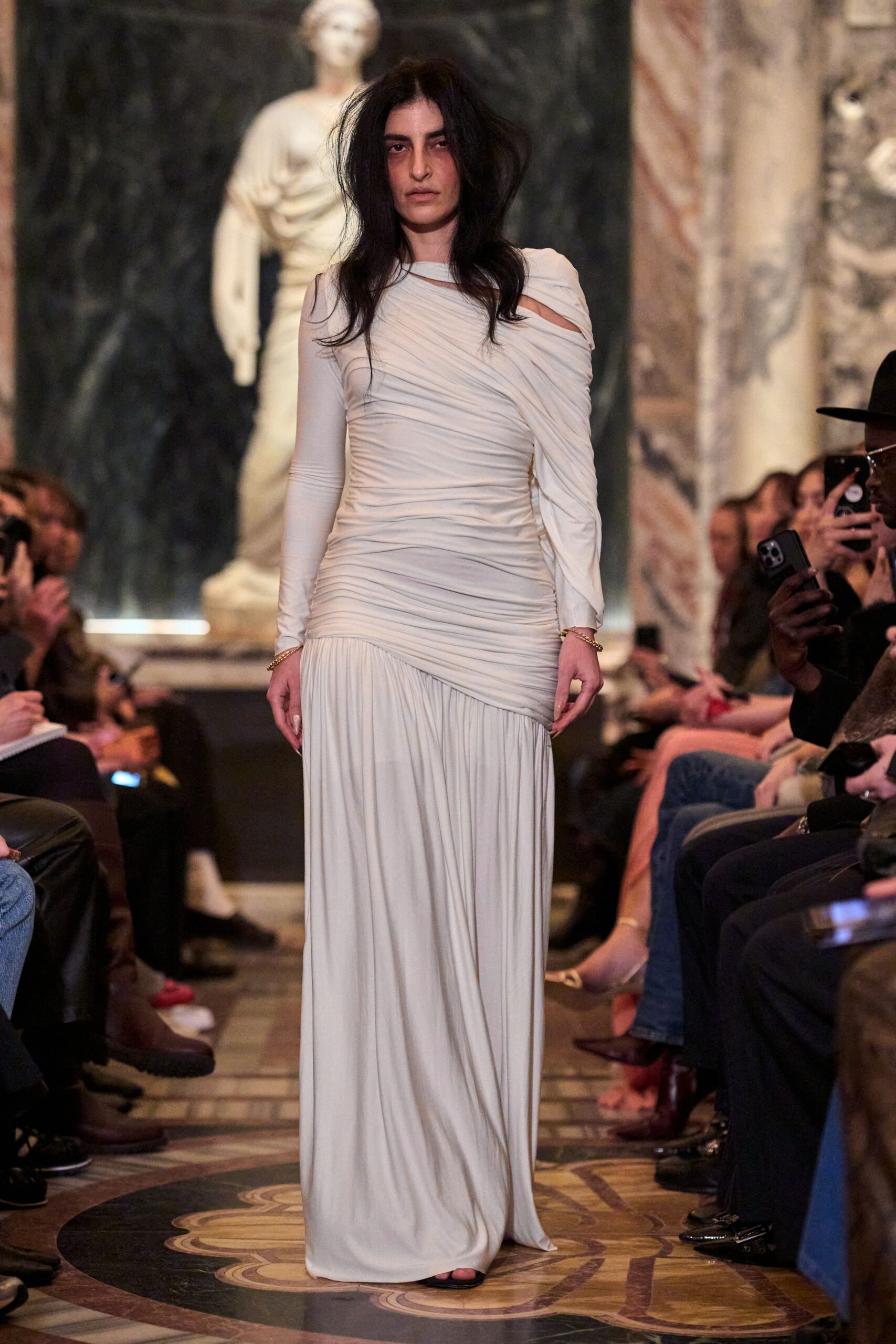 white silk long-sleeve high-neck fitted ruched flowing gown