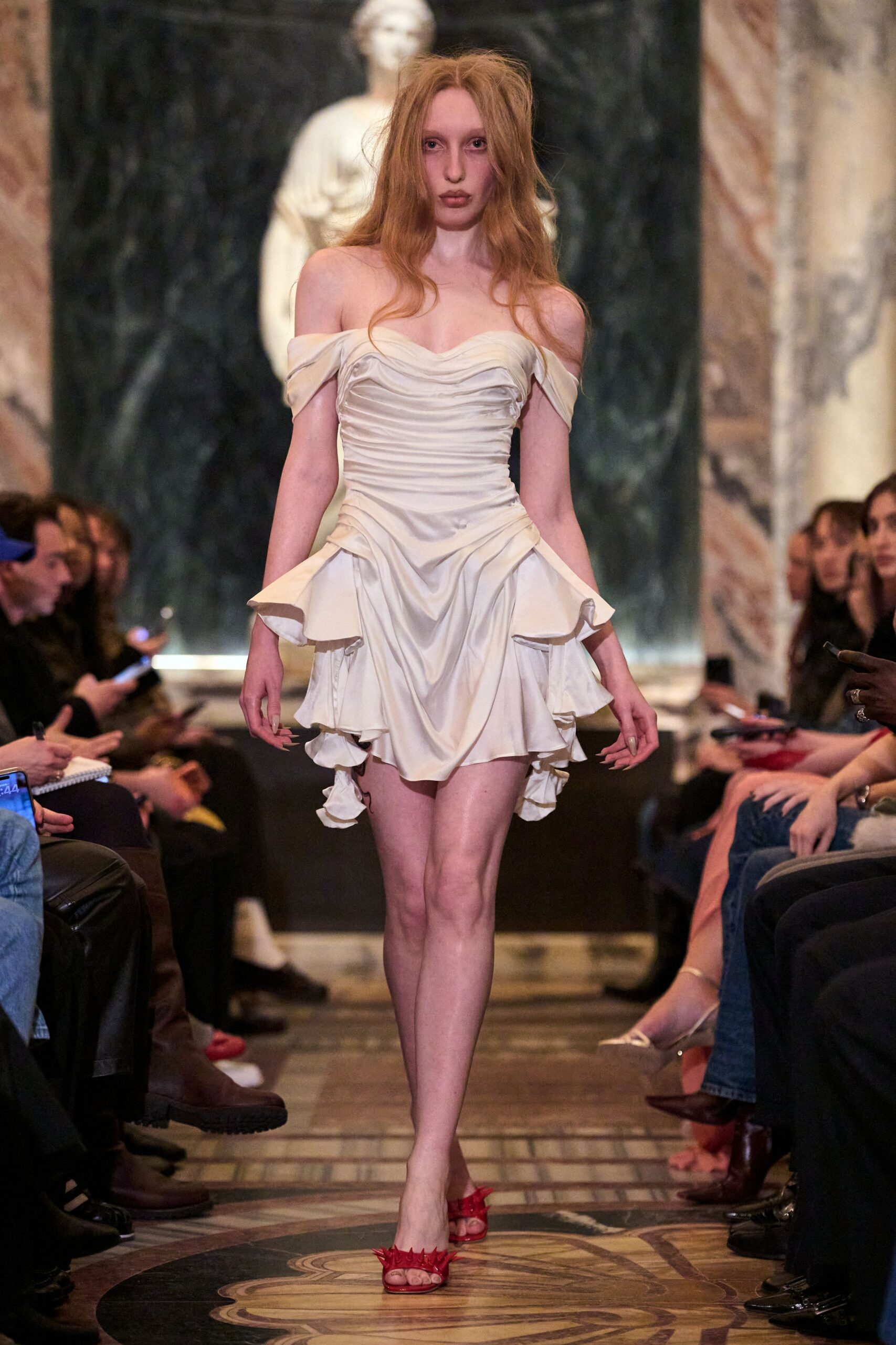 white silk off-shoulder short-sleeve fitted ruffled tiered dress
