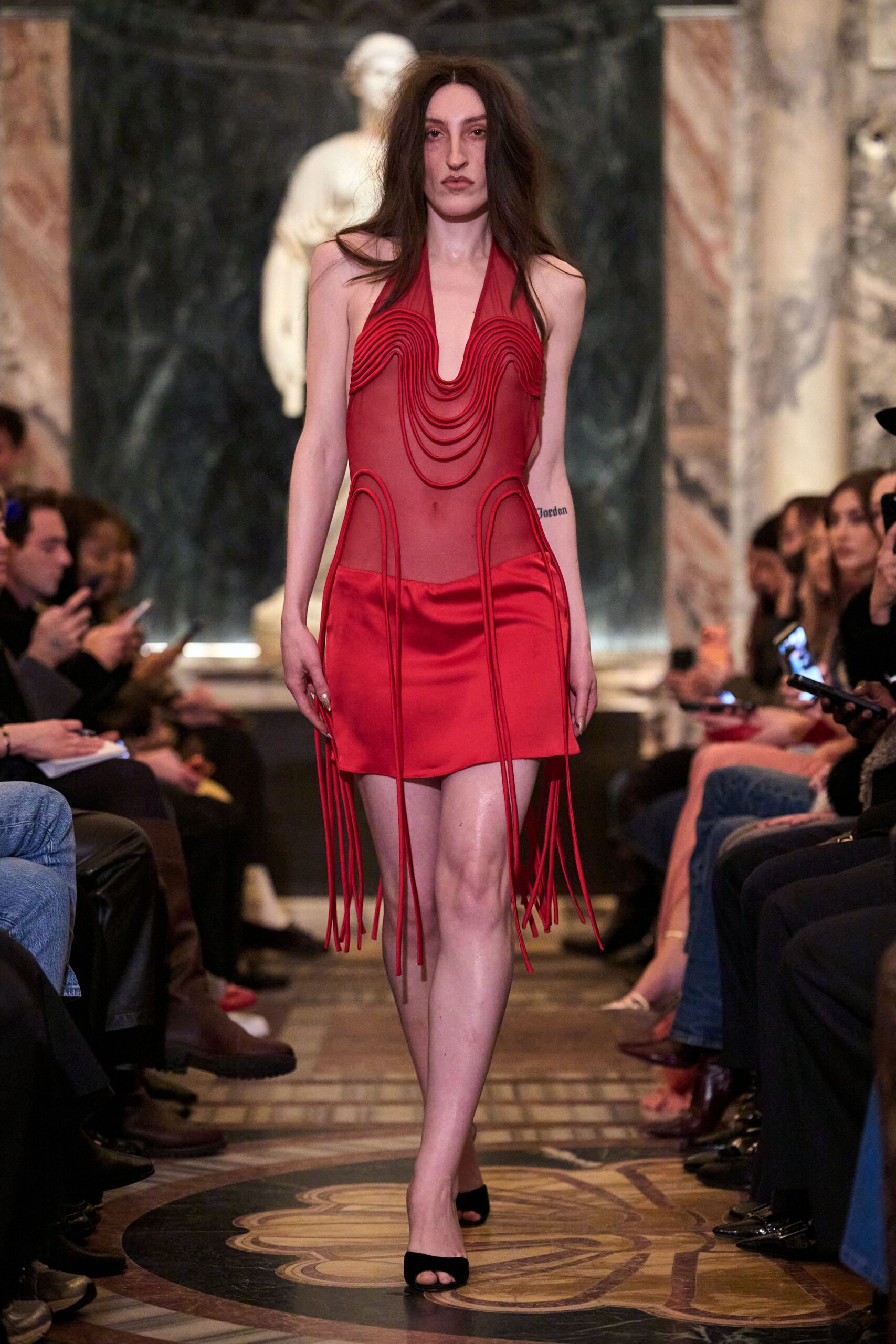 red silk sleeveless v-neck fitted fringed sheer dress