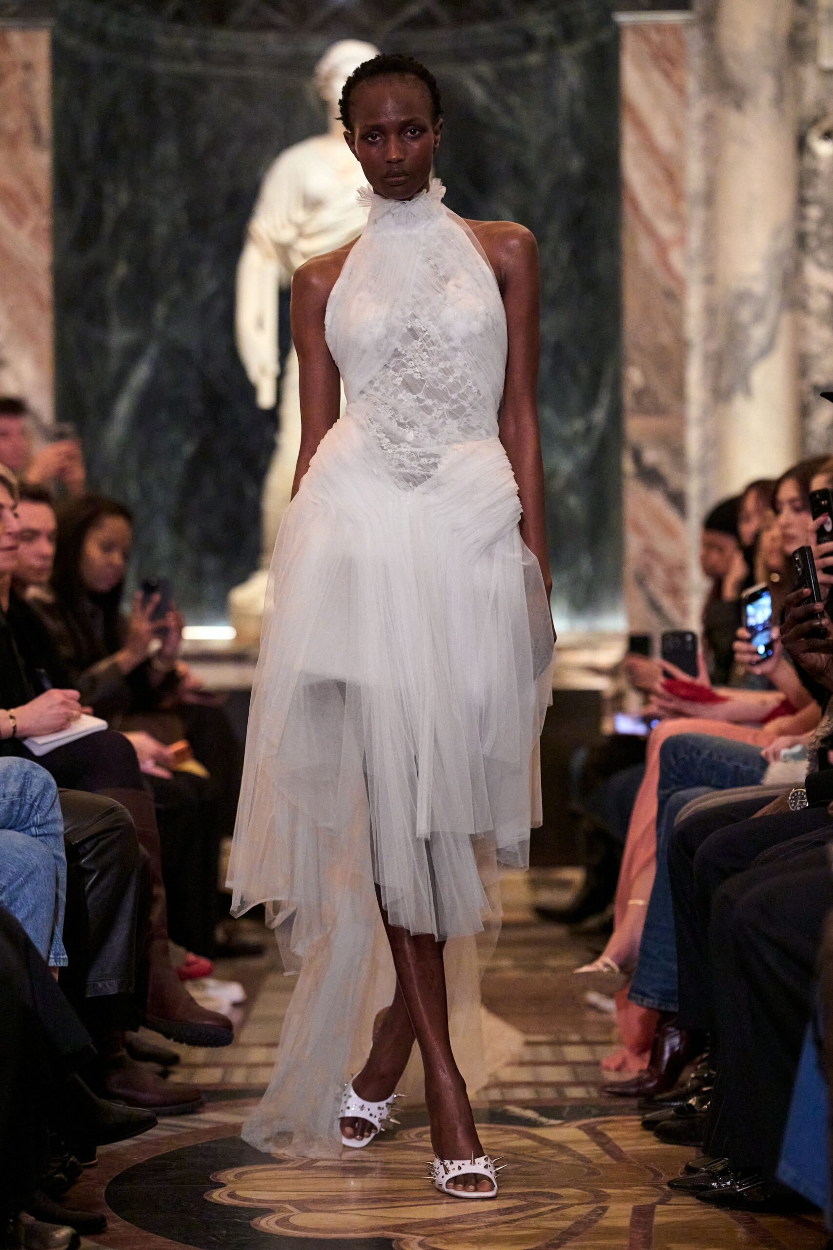 white tulle sleeveless high-neck fitted ruffled layered dress