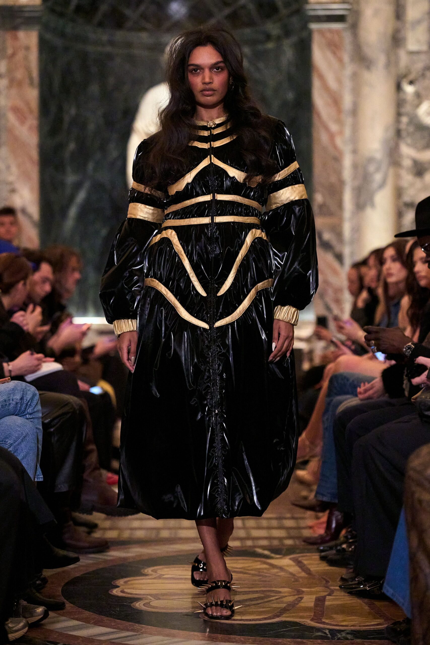 black vinyl long-sleeve collared relaxed zippered layered dress