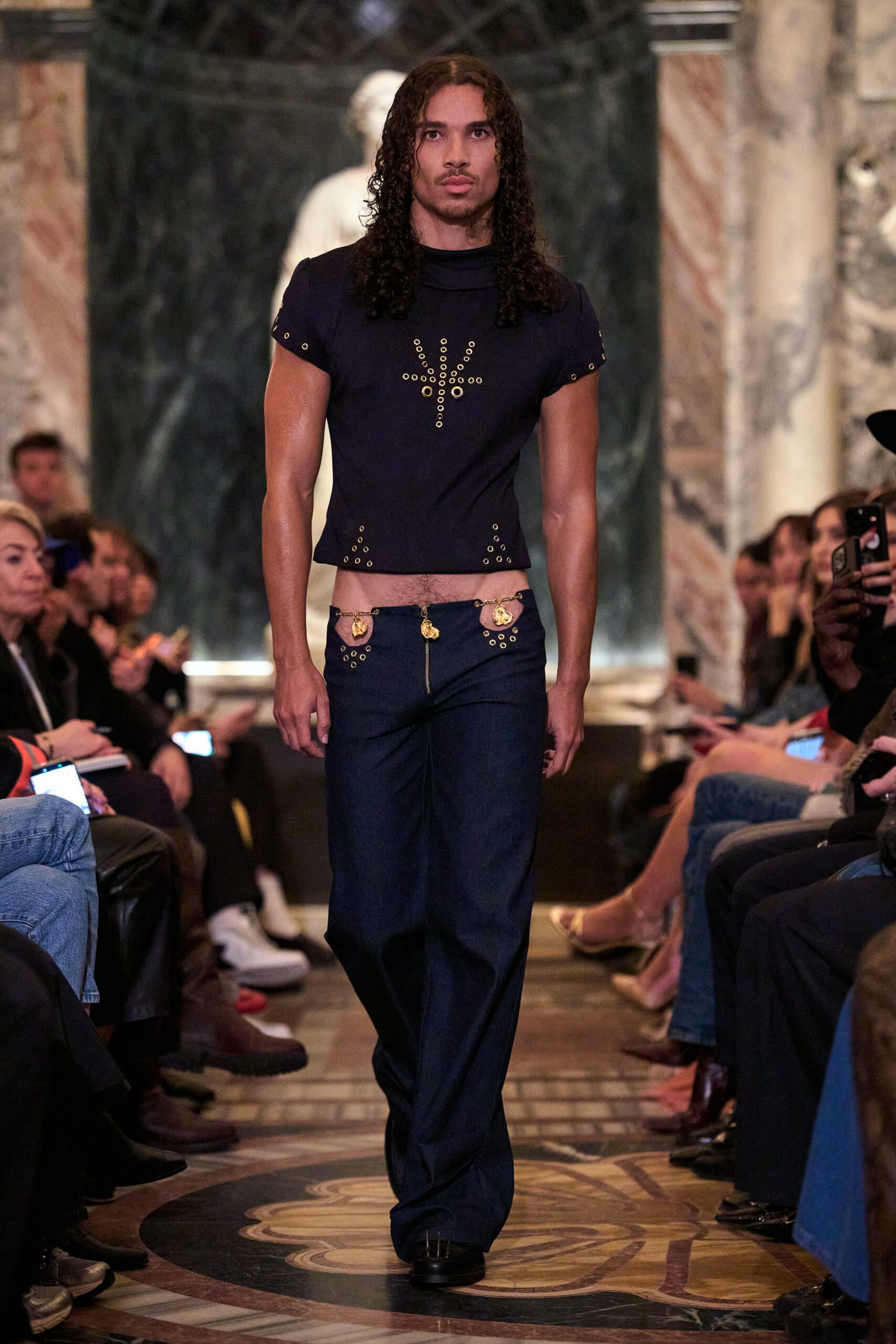 blue cotton short-sleeve collared fitted embroidered cropped top