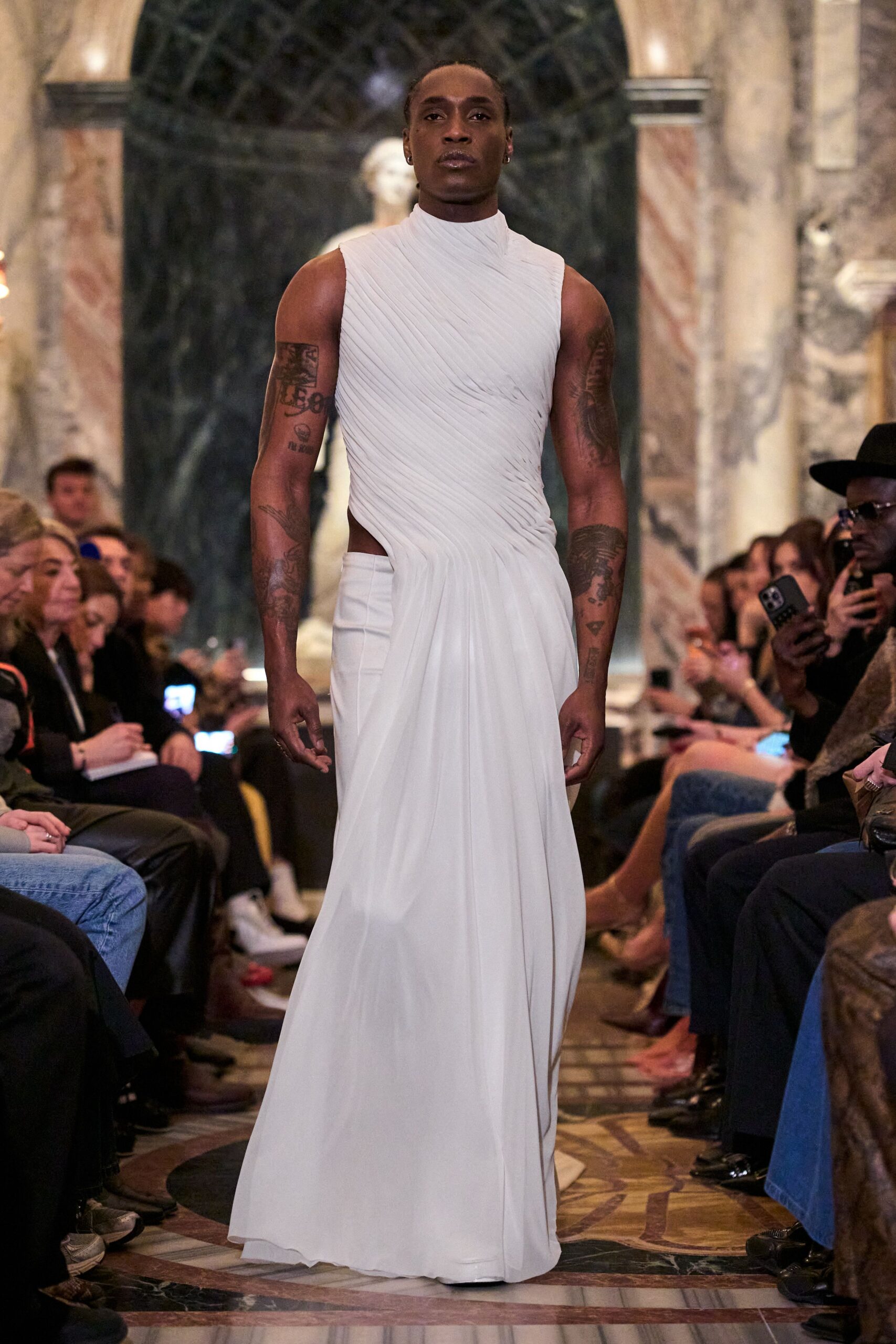 white silk sleeveless gown