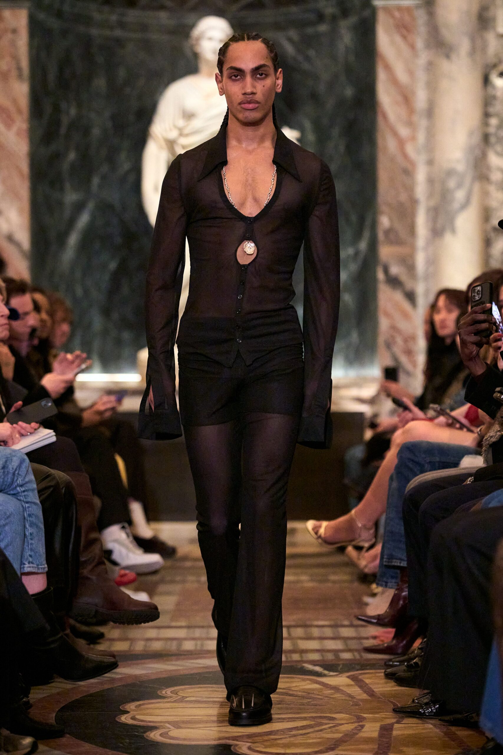 black silk long-sleeve collared fitted sheer shirt