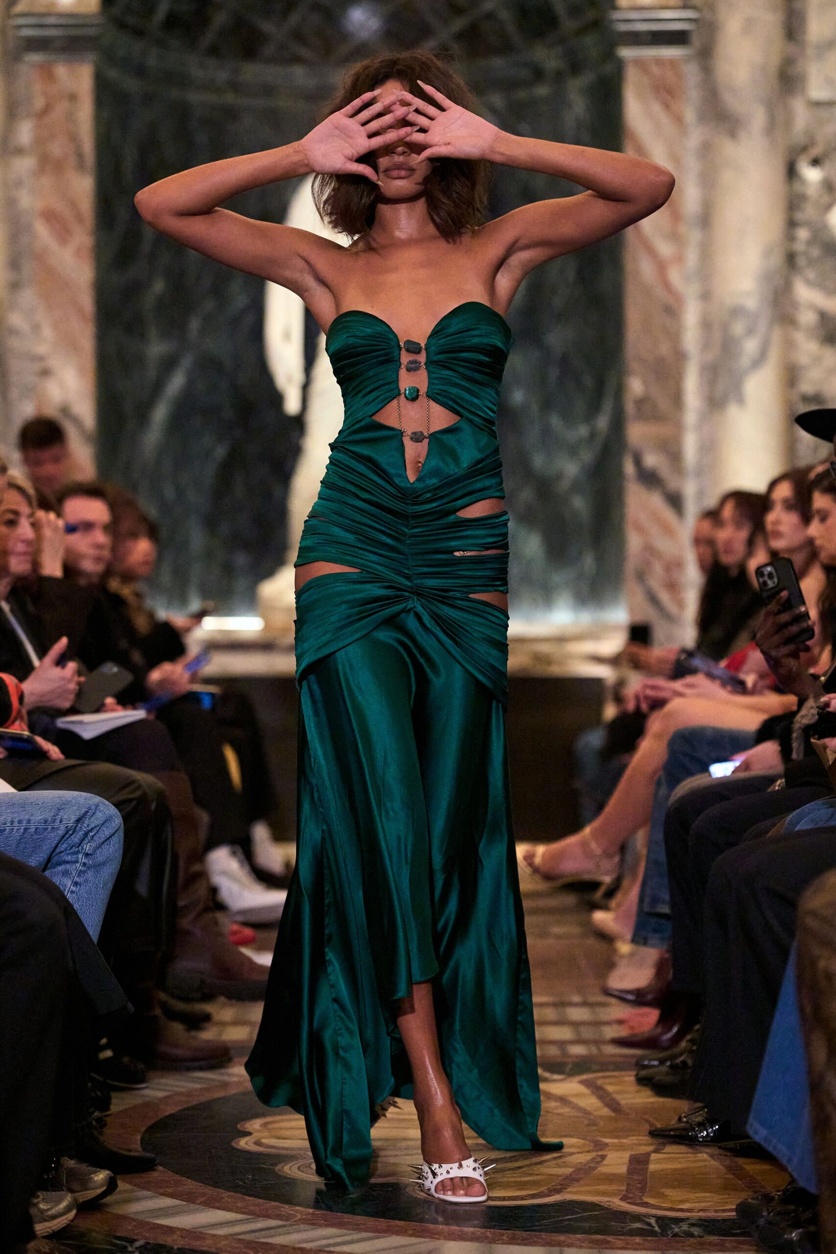 green silk strapless cutout fitted ruched flowing gown