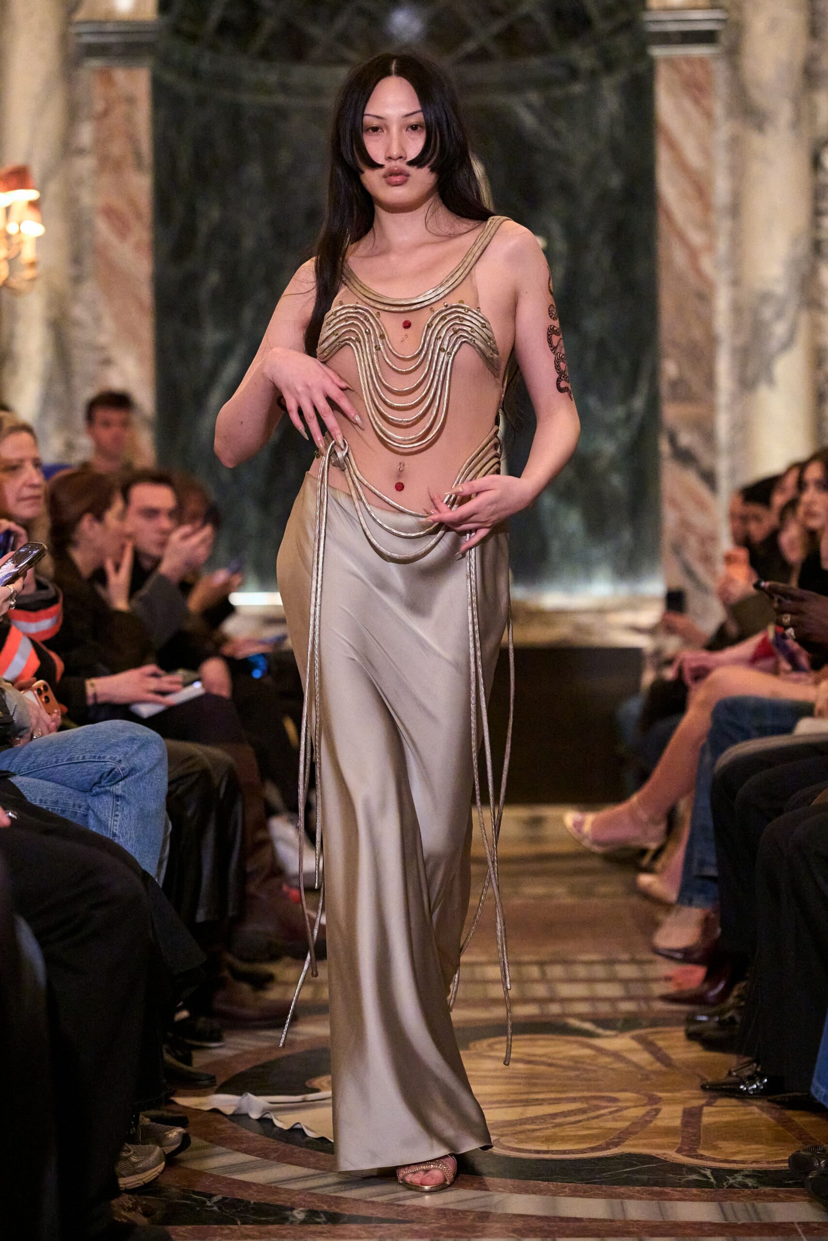 beige silk sleeveless gown