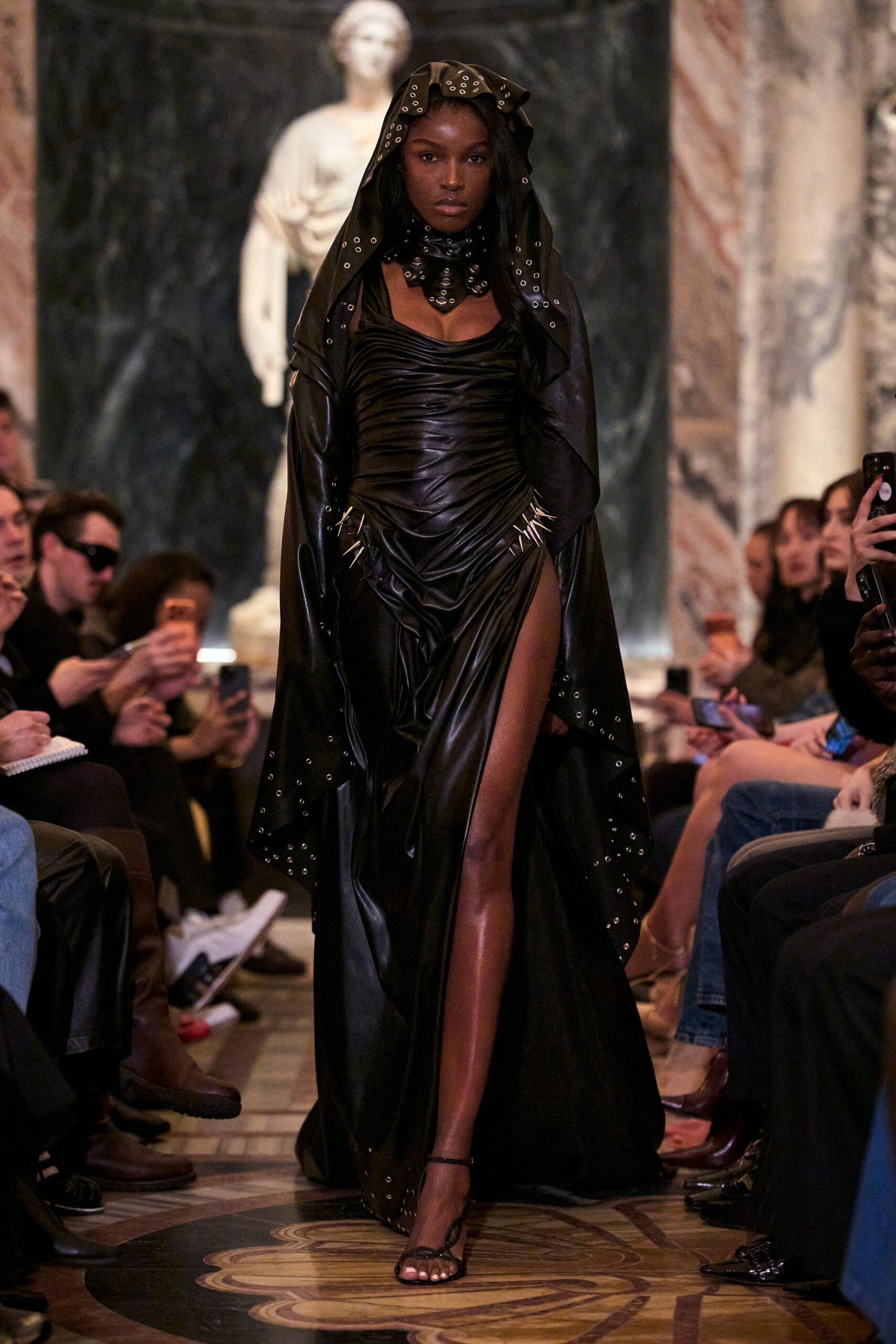 black leather sleeveless v-neck fitted ruched embellished gown