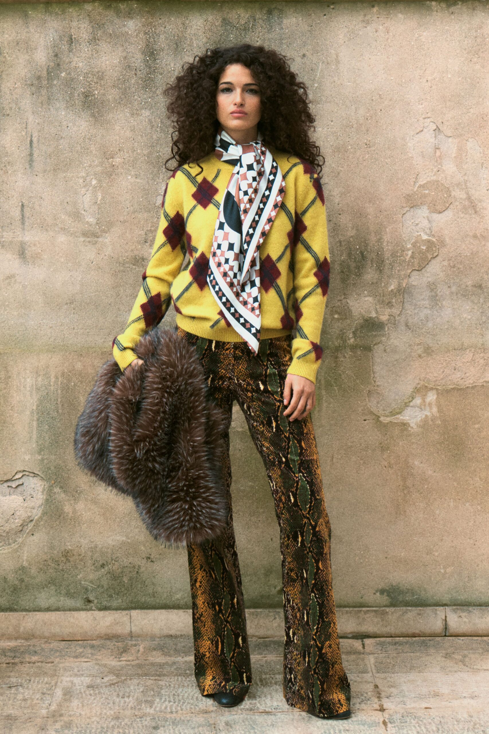 brown faux-fur fitted flared pants