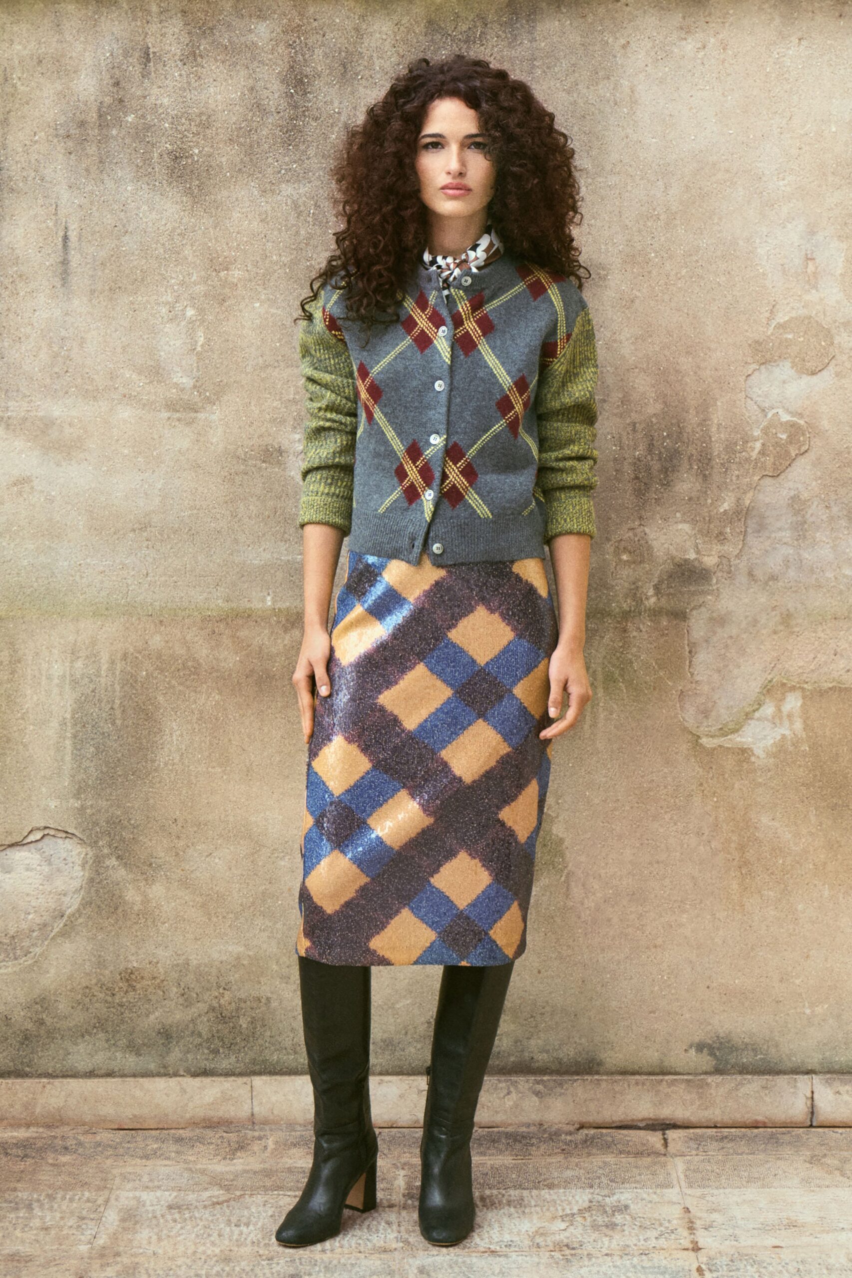 green wool long-sleeve collared fitted checked buttoned cardigan