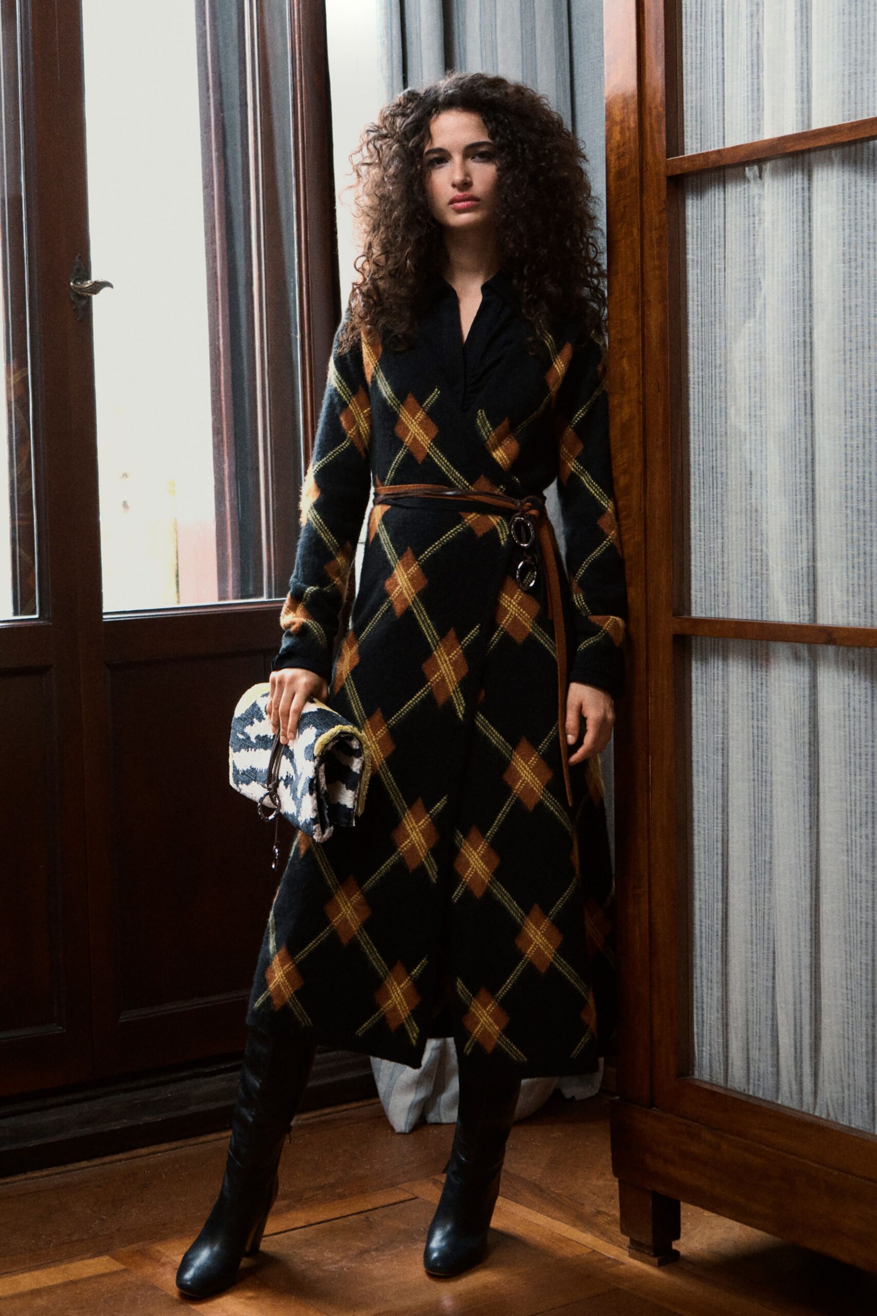 black wool long-sleeve collared fitted checked belted dress