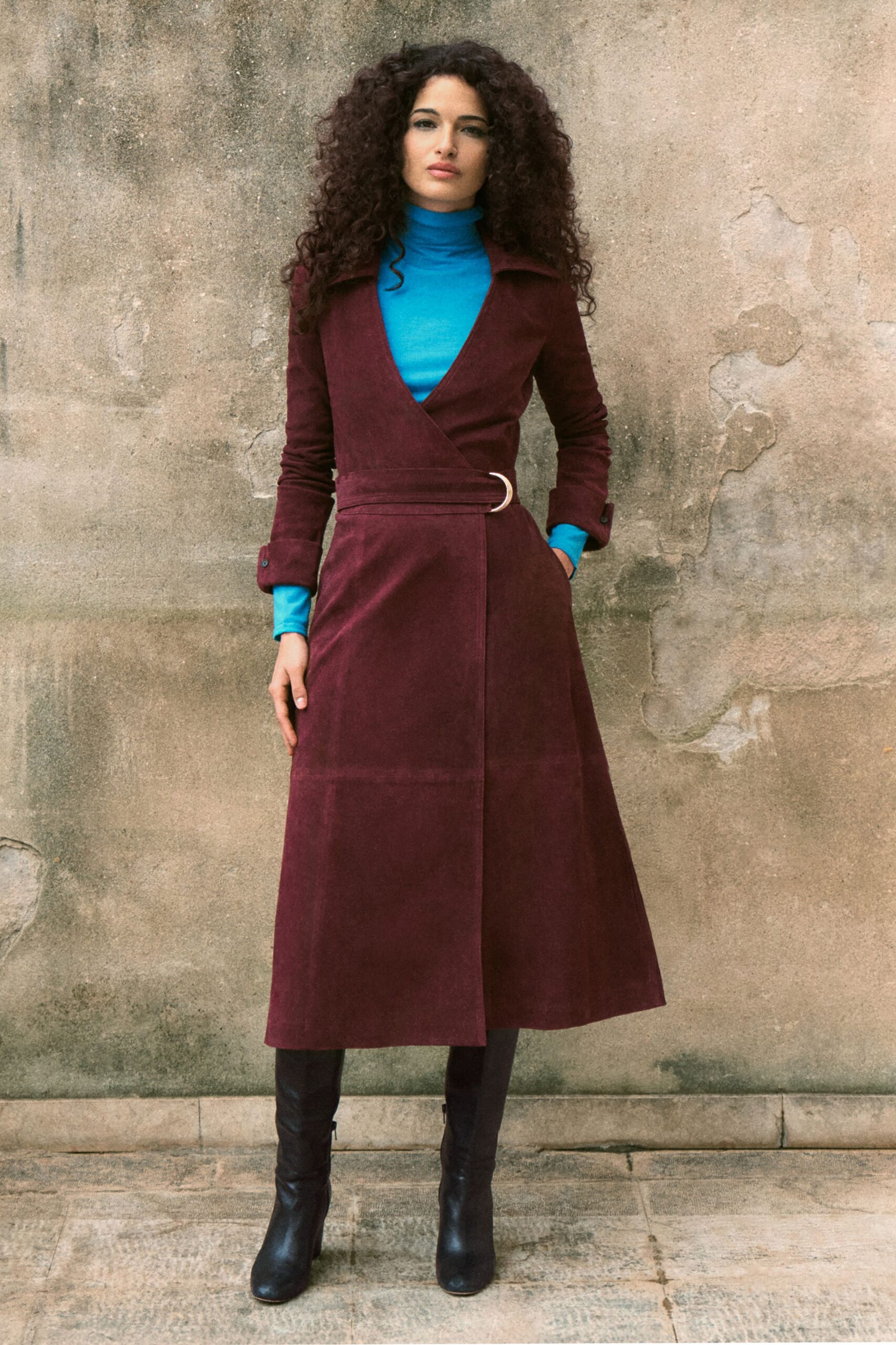 maroon suede long-sleeve collared fitted belted midi coat