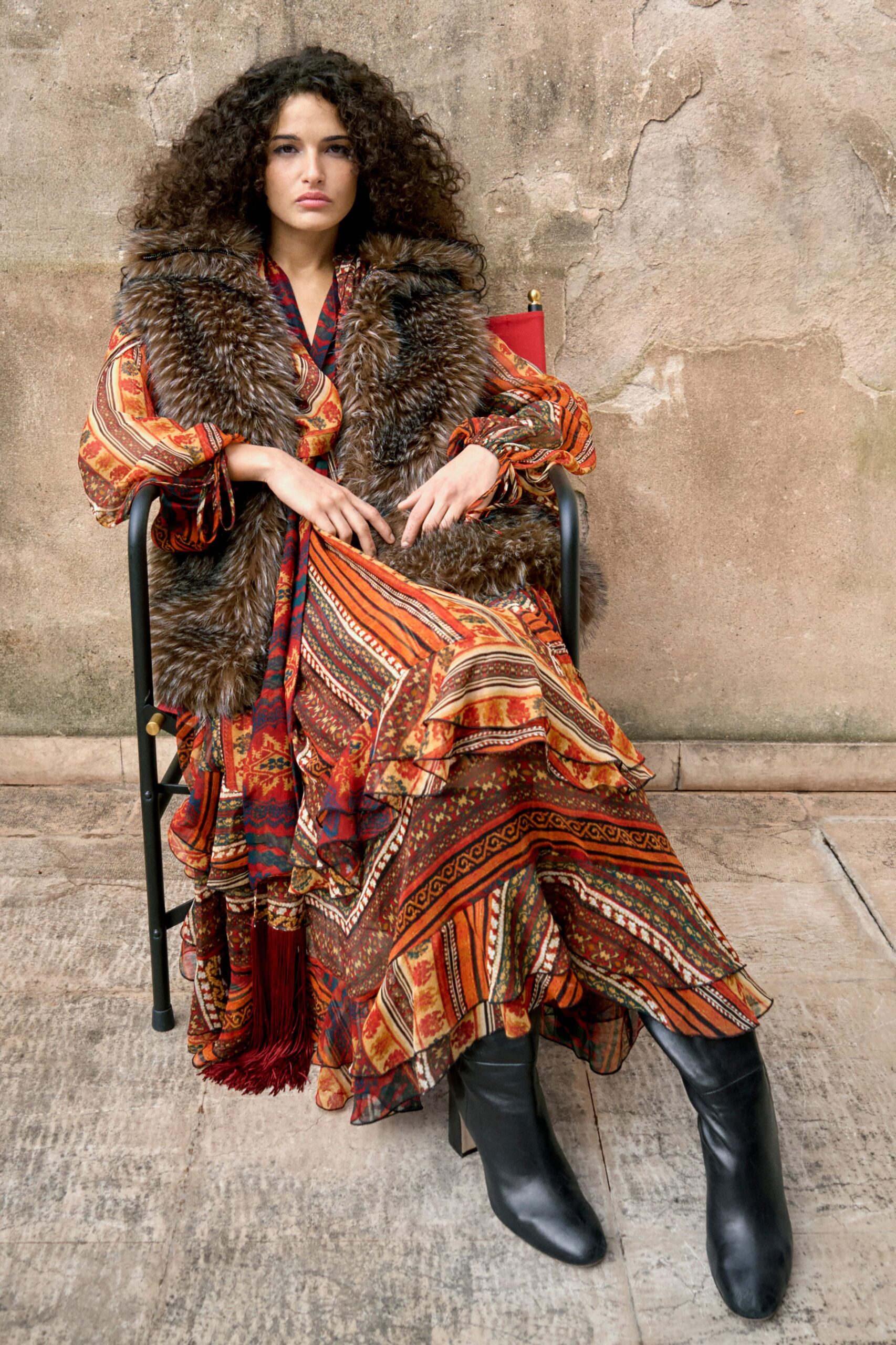 red silk long-sleeve v-neck relaxed tiered printed dress