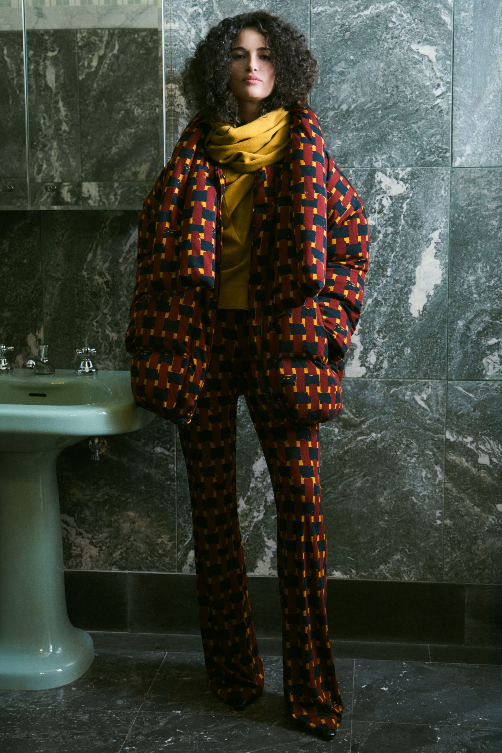 red cotton fitted straight-leg printed pants