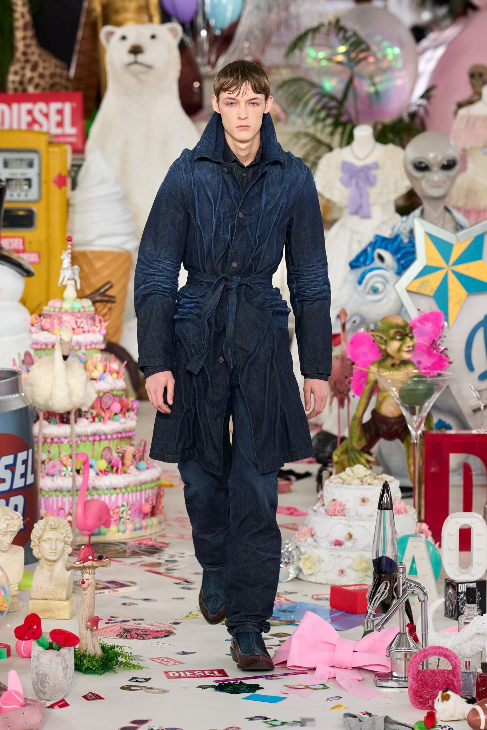 blue denim long-sleeve collared relaxed belted coat