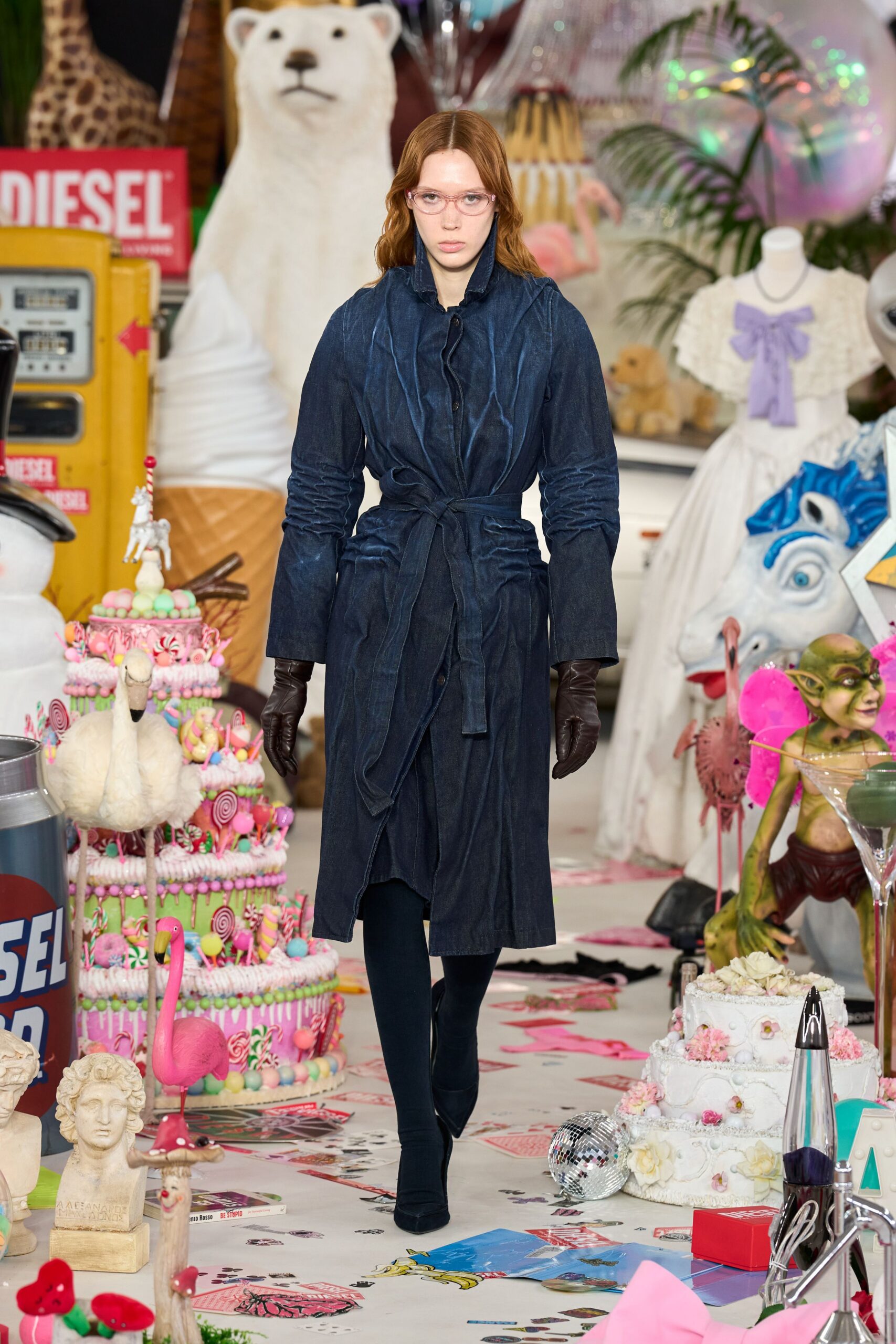 blue denim long-sleeve collared fitted belted textured coat