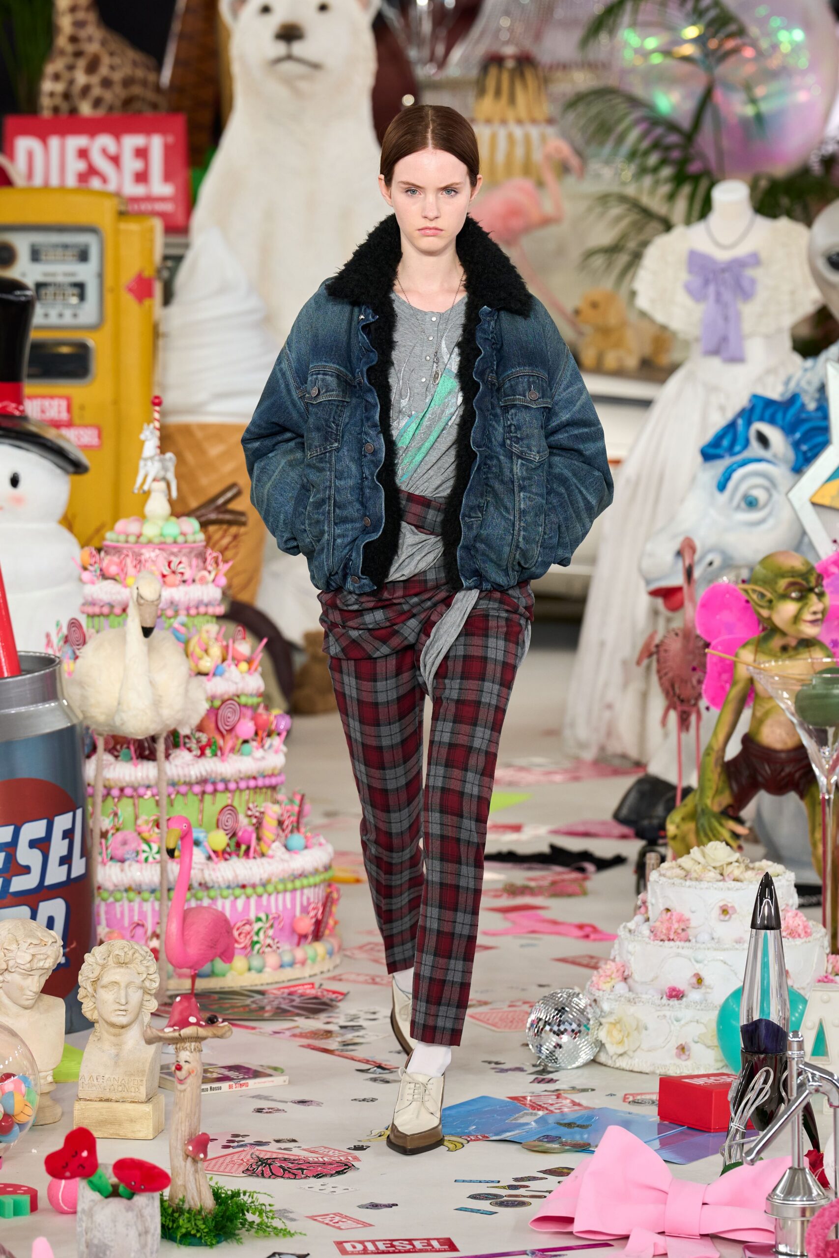 denim jacket gray top plaid pants