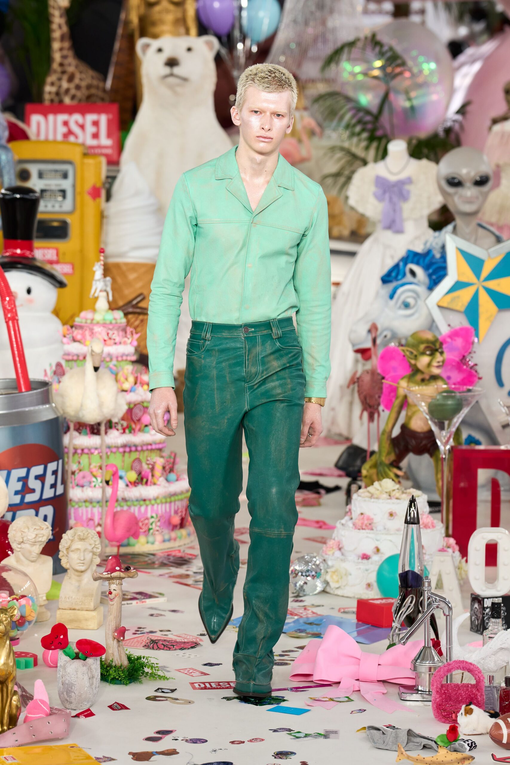 green fitted shirt and pants