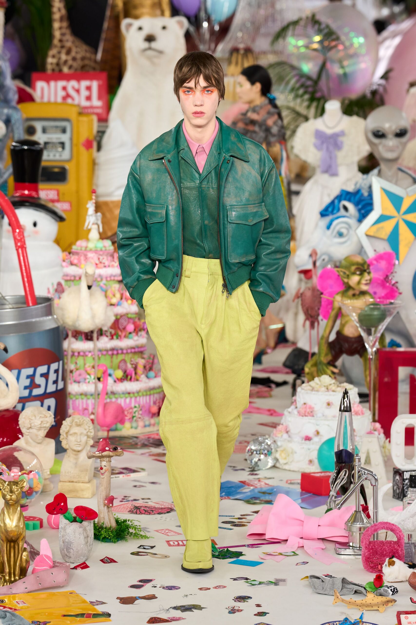 green leather long-sleeve relaxed jacket