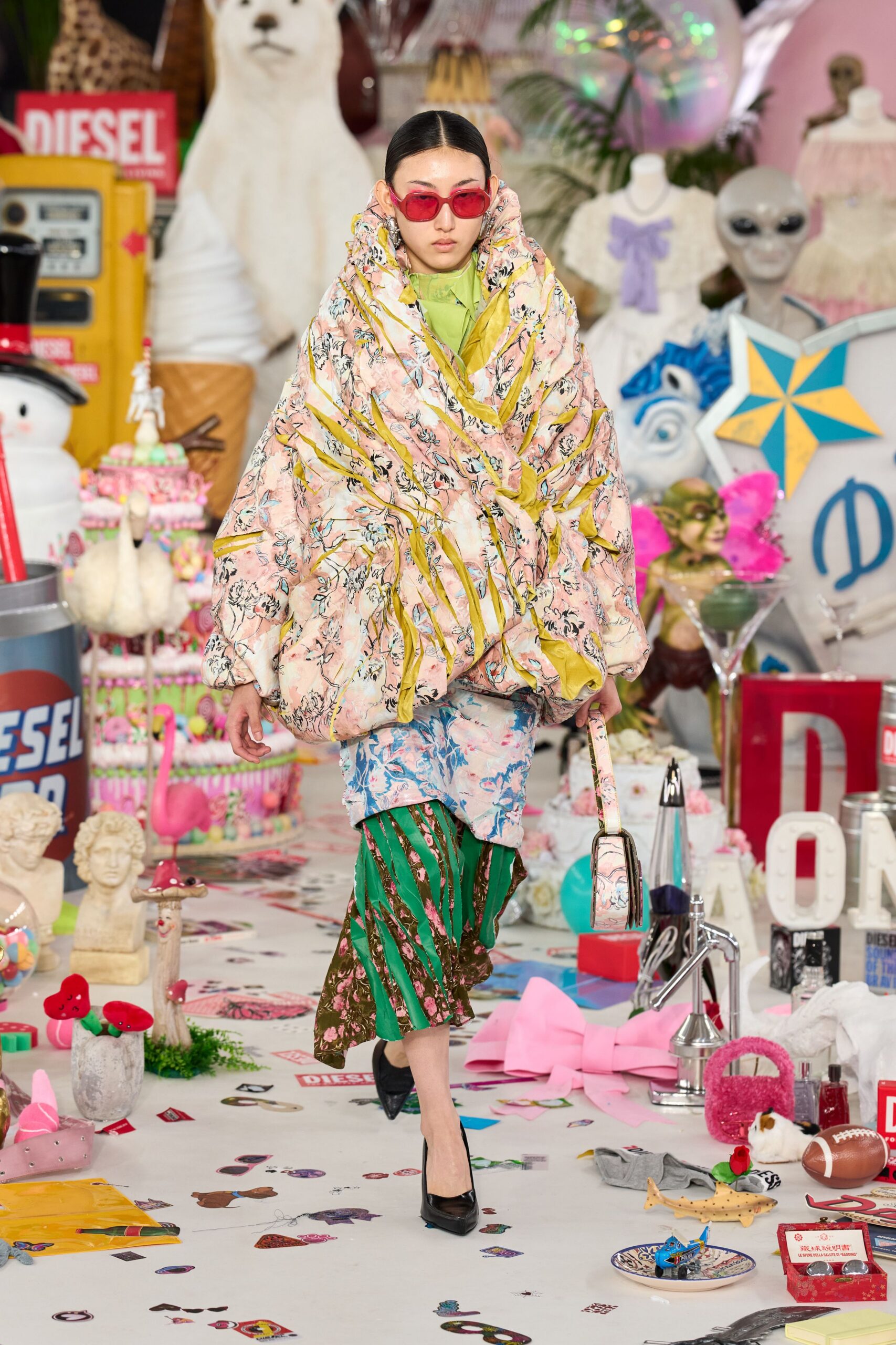 pink silk long-sleeve oversized printed coat