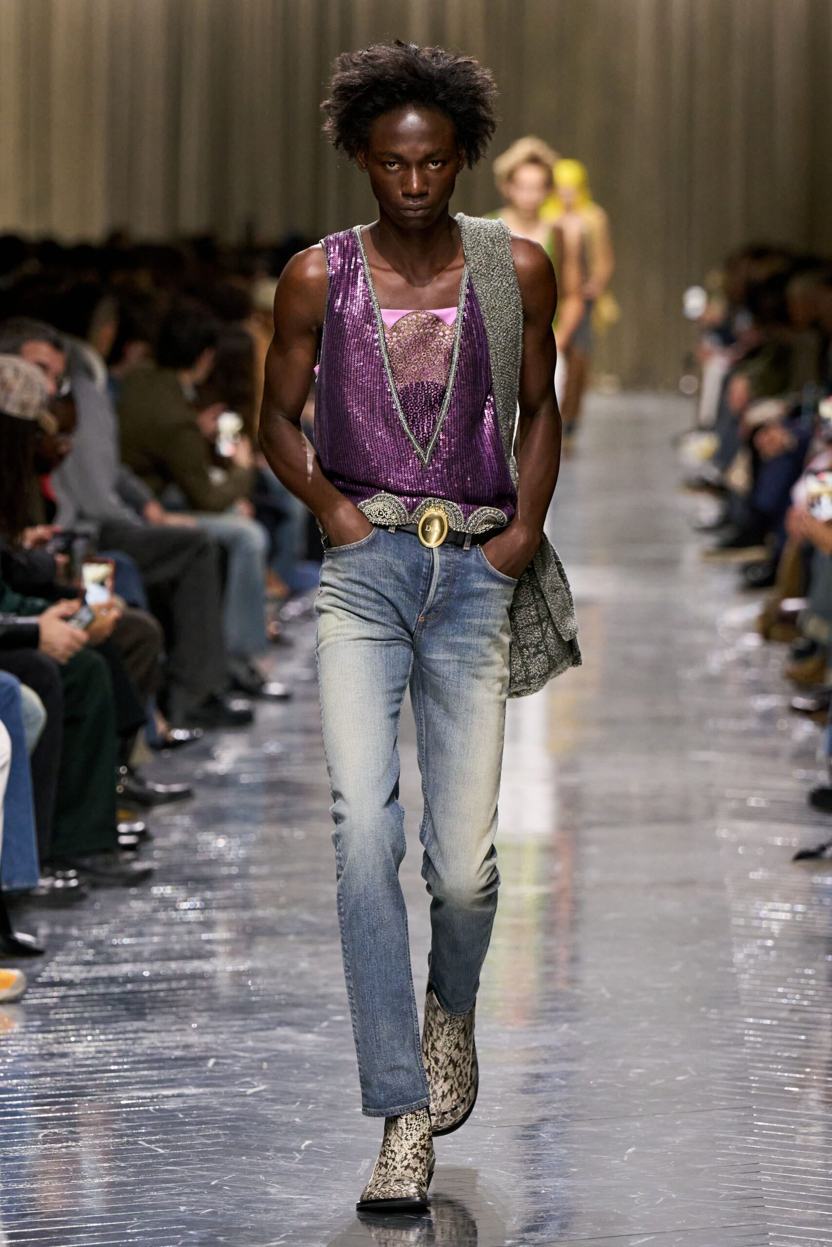 purple silk sleeveless v-neck fitted sequined top