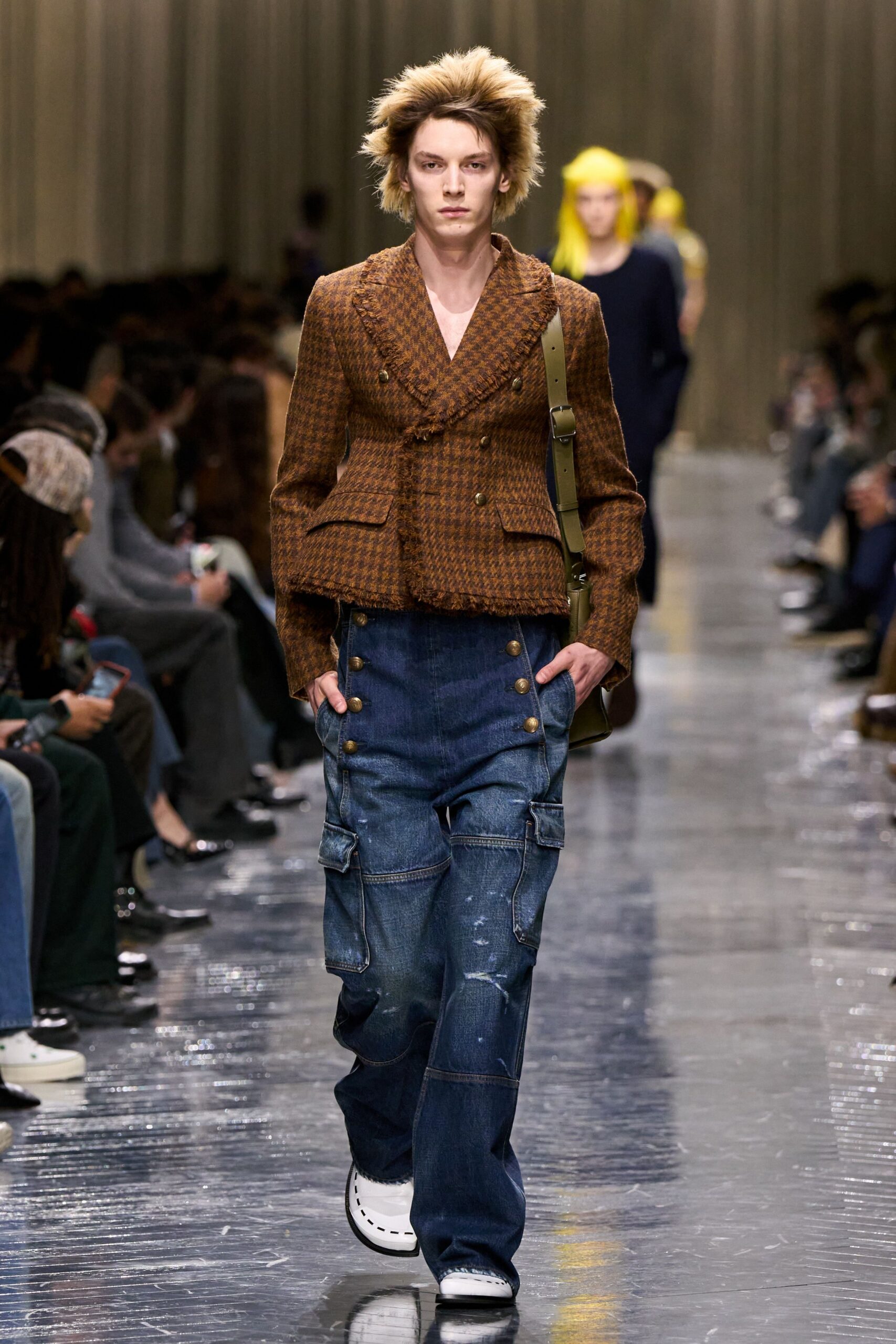 blue denim long-sleeve relaxed distressed buttoned pants