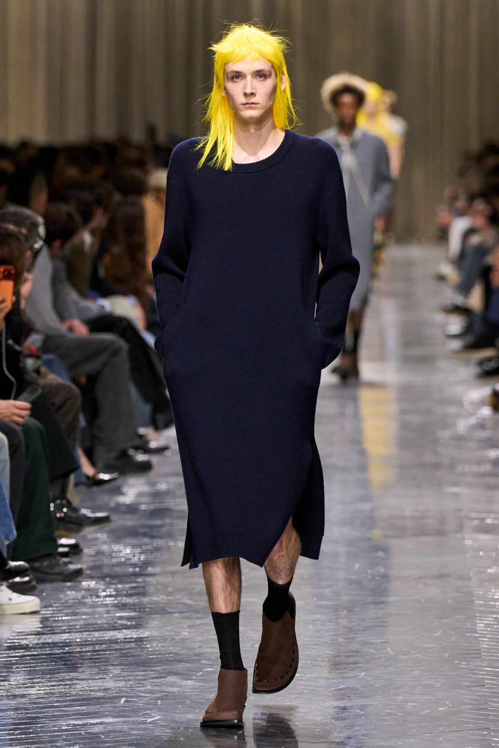 blue wool long-sleeve v-neck relaxed midi sweater