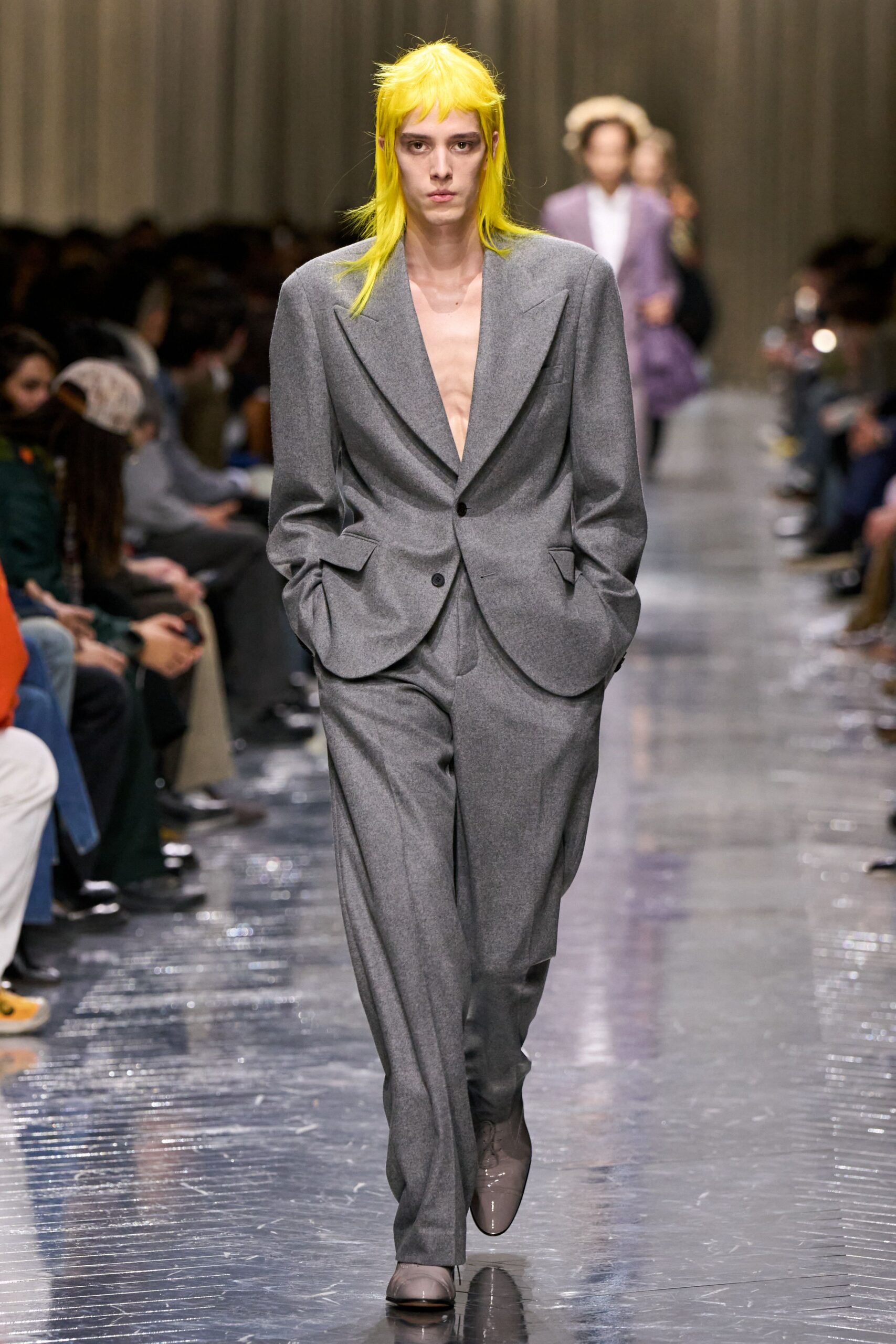 gray wool tailored straight-leg pants