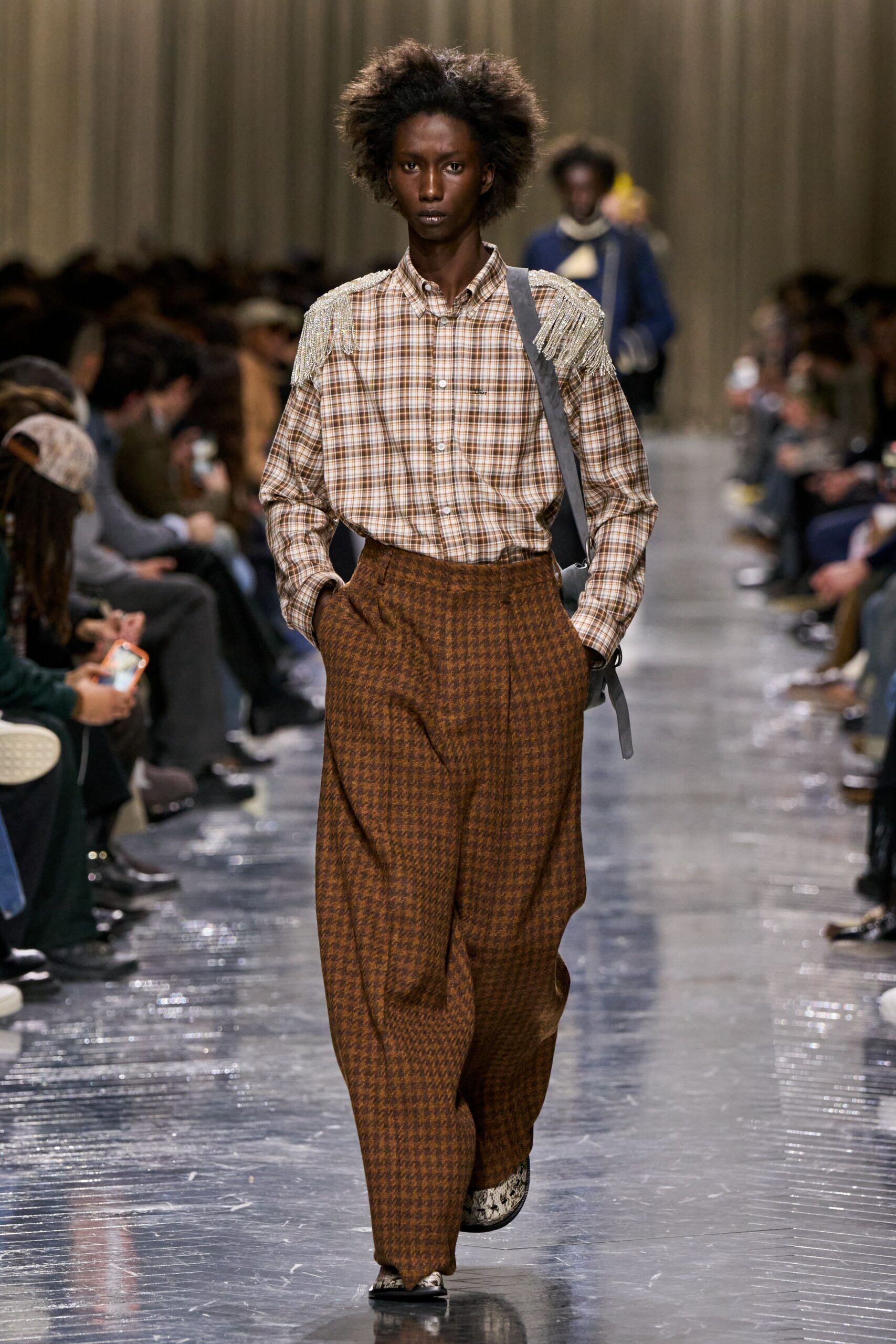 checked shirt and wide-leg pants