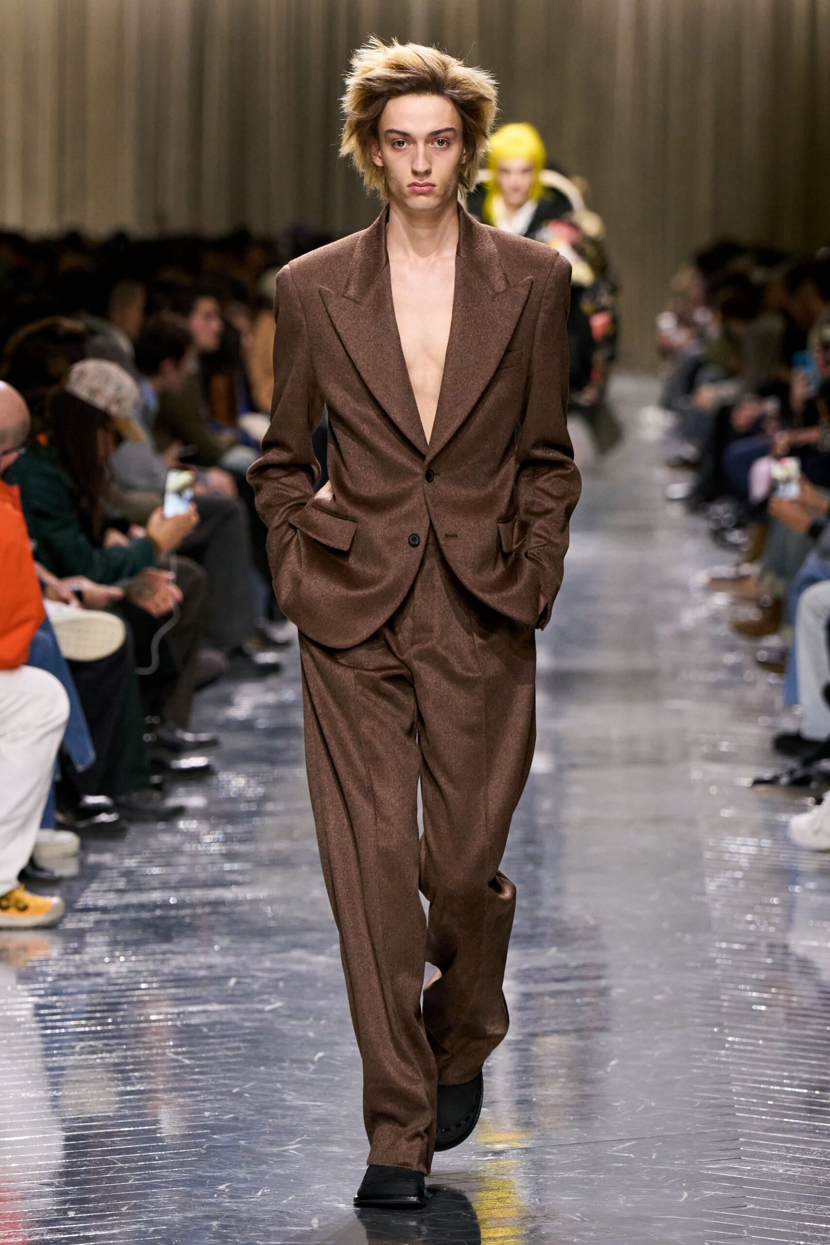 brown wool long-sleeve v-neck tailored buttoned suit