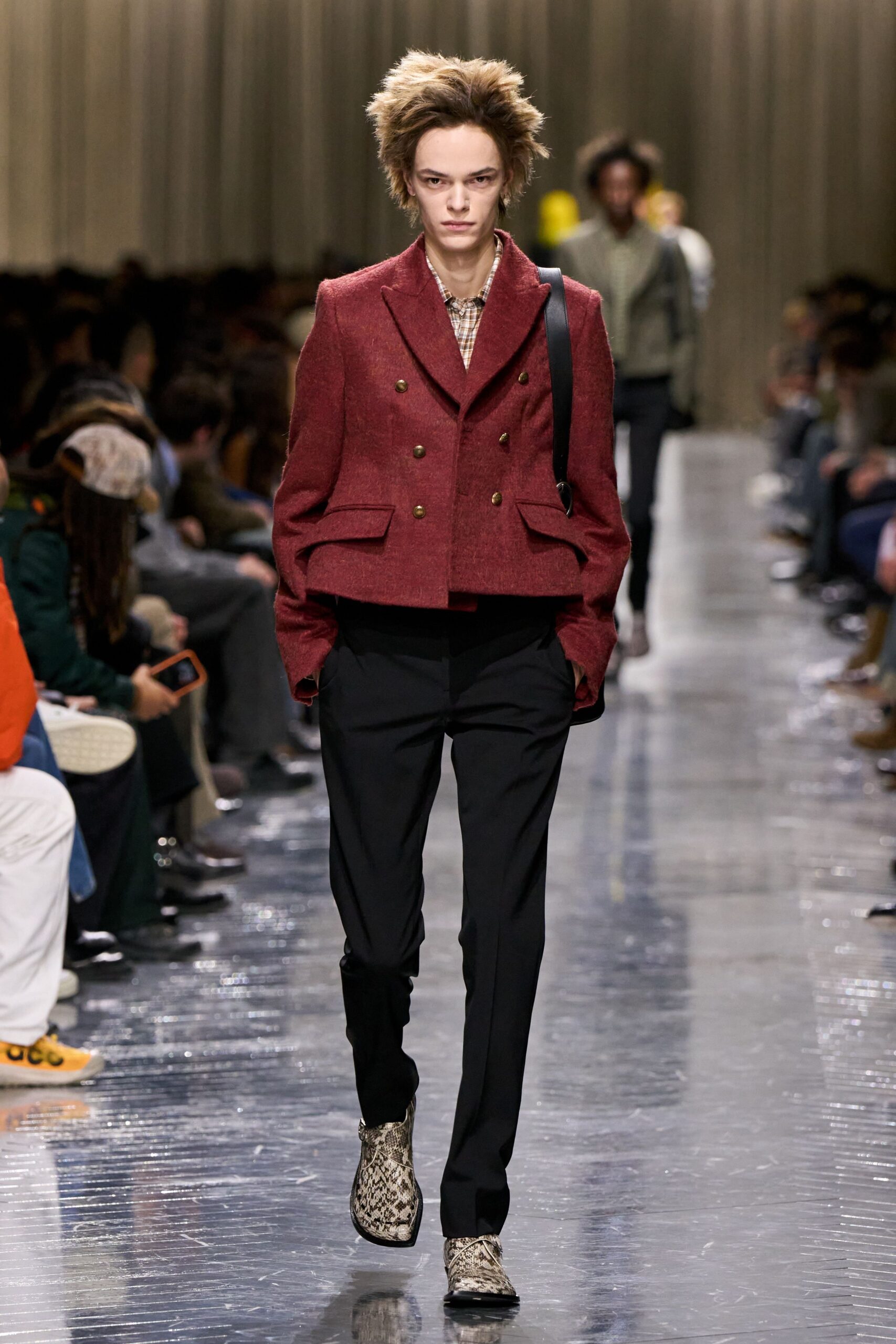red wool long-sleeve collared structured jacket