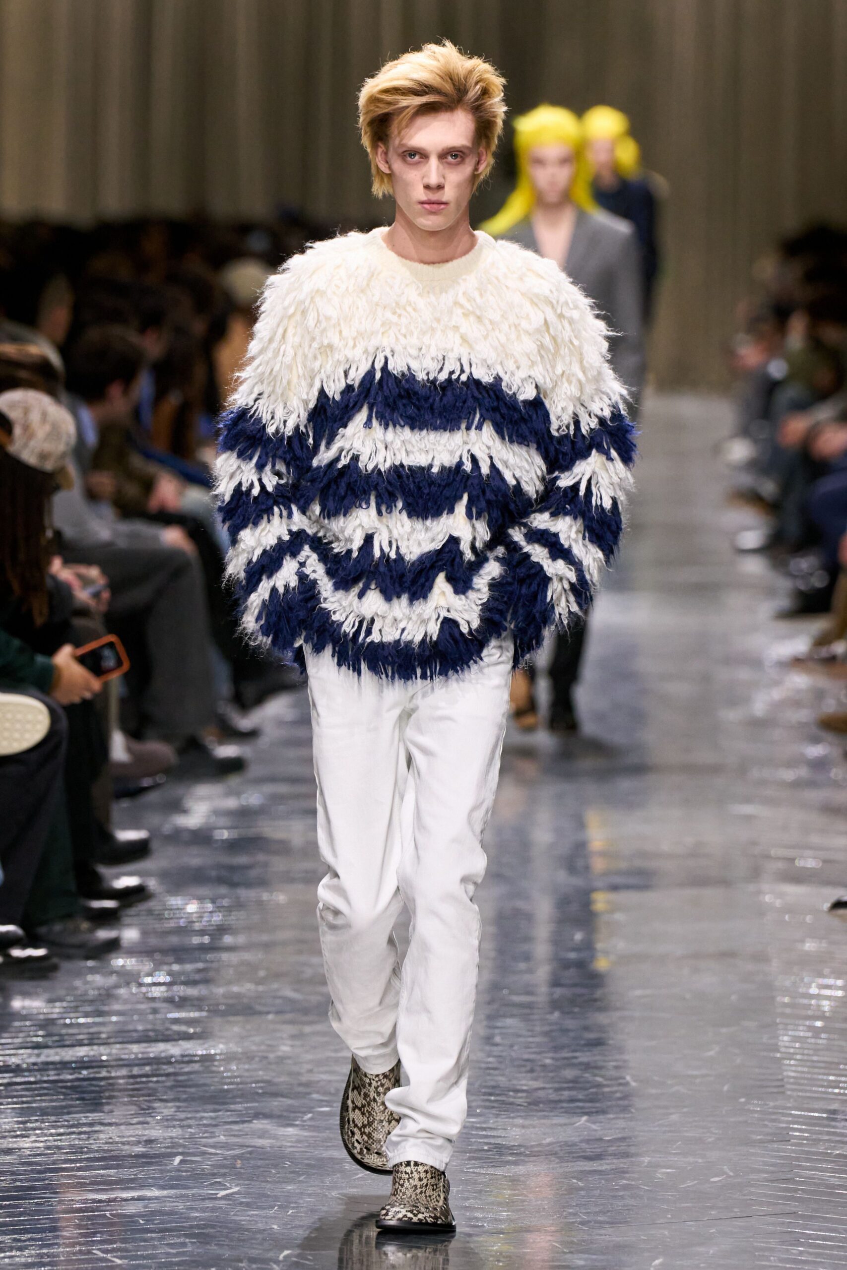 blue wool long-sleeve fitted fringed sweater