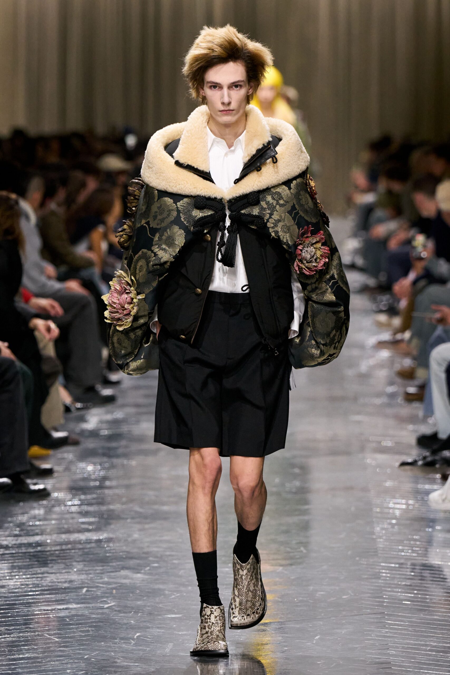 black silk long-sleeve collared oversized embroidered layered jacket
