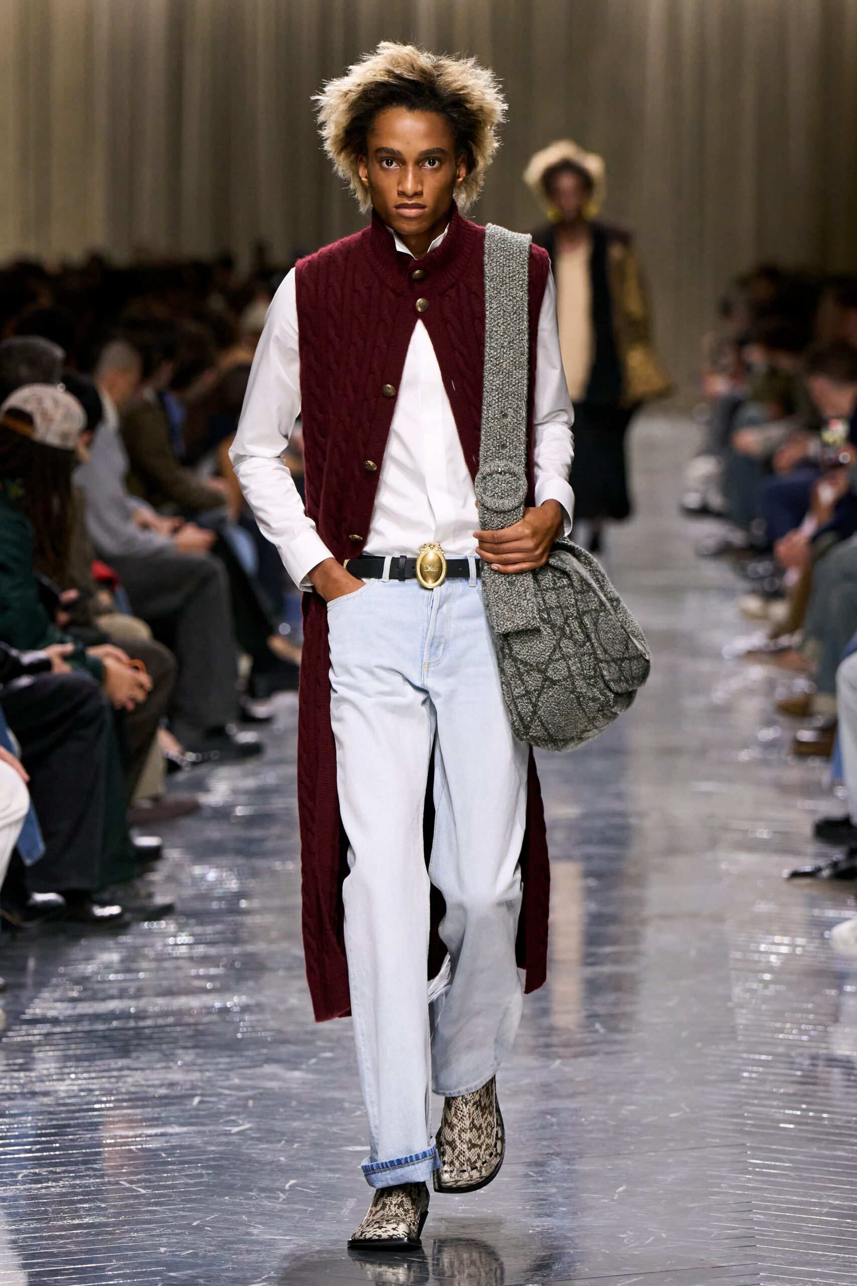 red quilted vest with white shirt