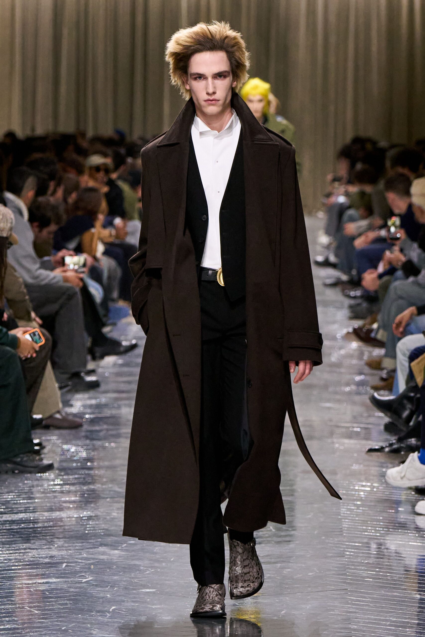 brown wool long-sleeve collared relaxed belted maxi coat