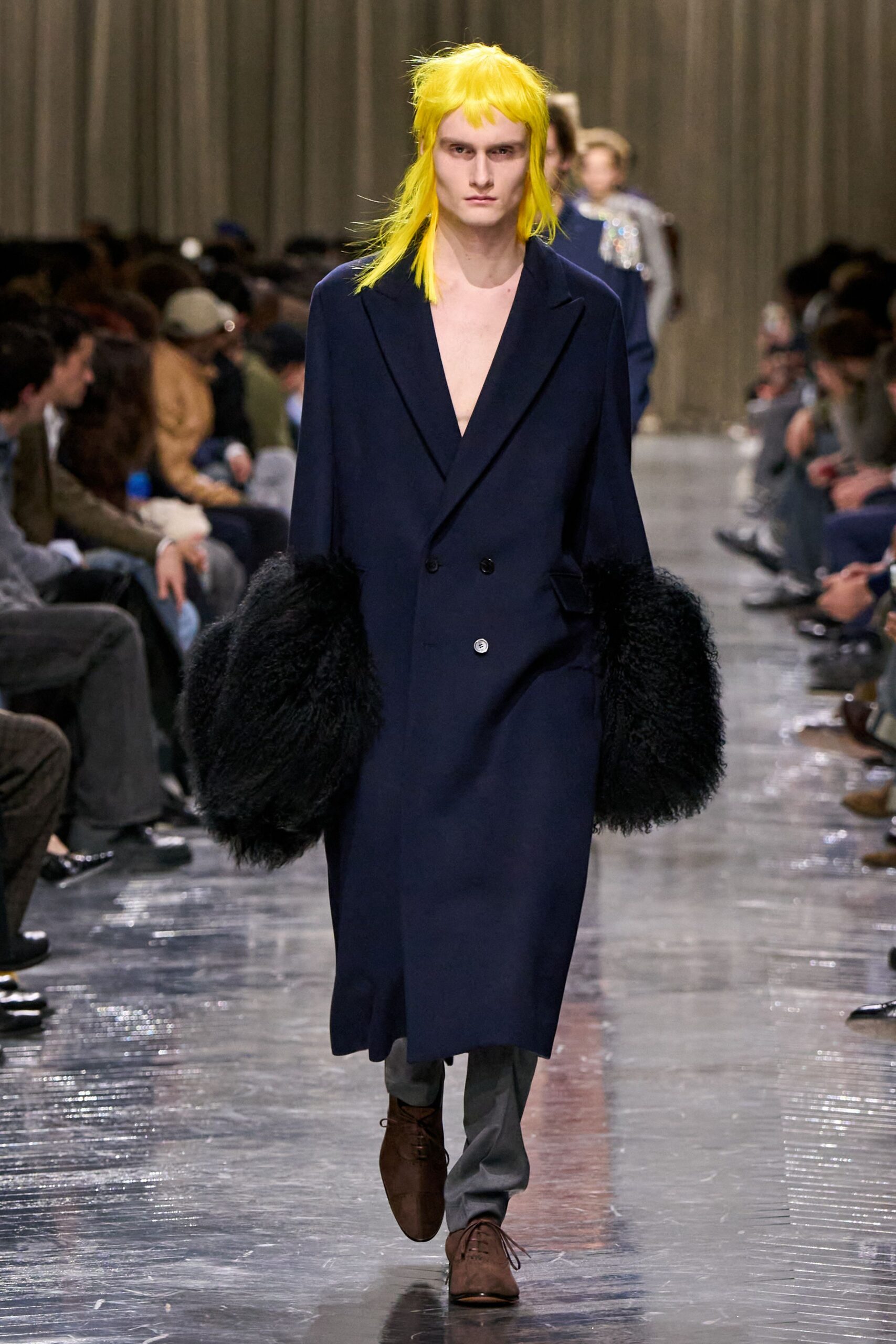 blue wool long-sleeve collared relaxed fringed midi coat
