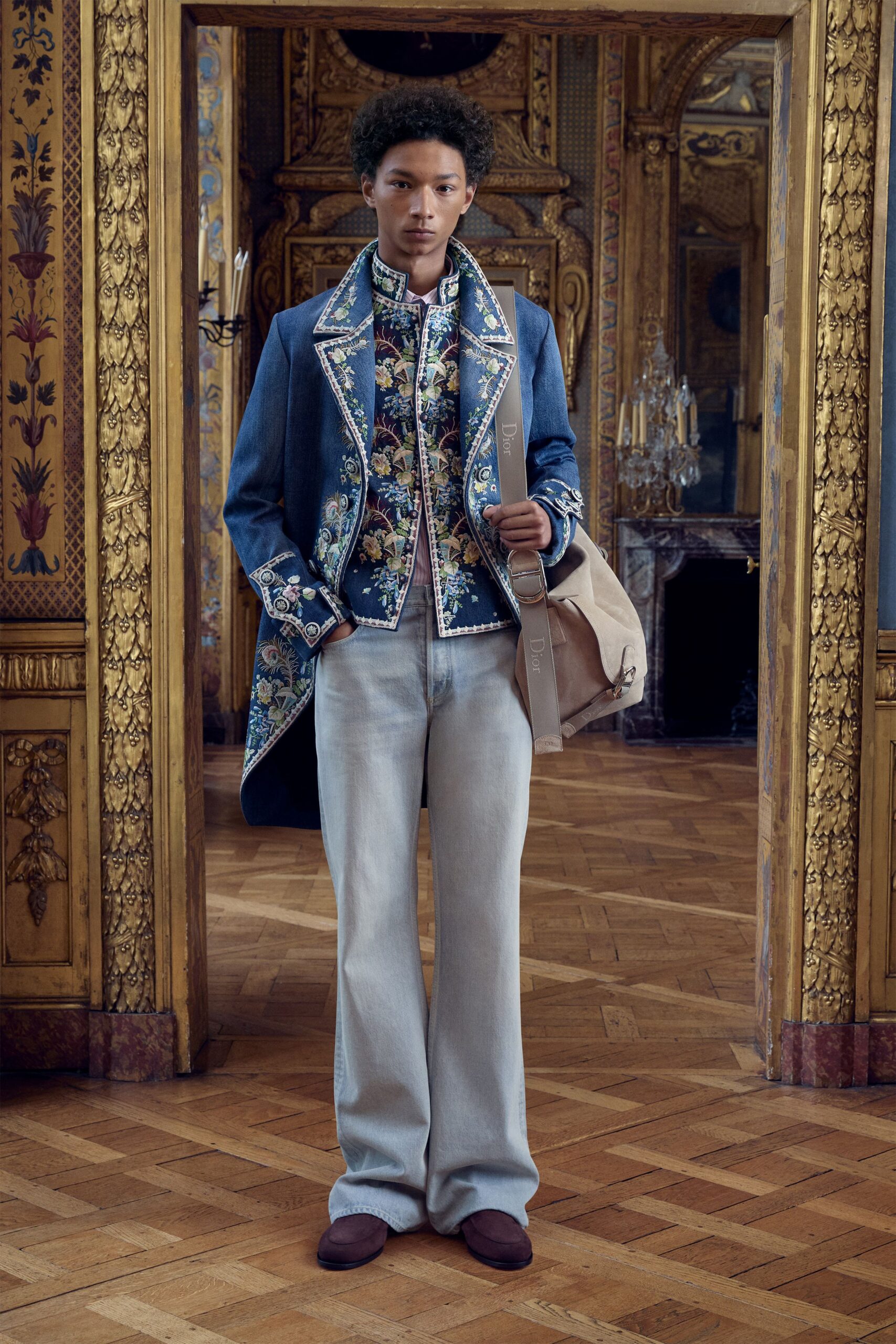 blue denim long-sleeve collared relaxed embroidered buttoned coat