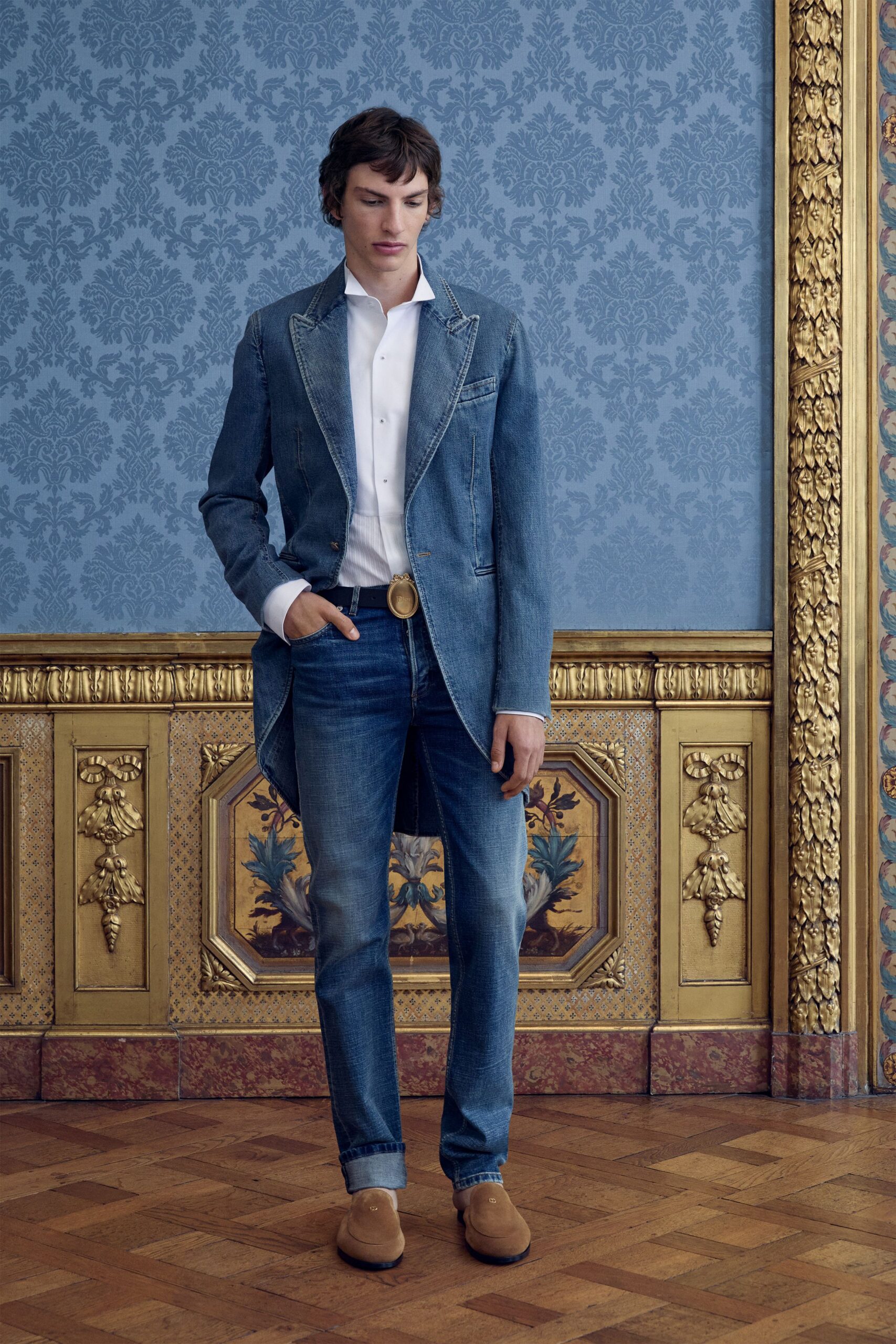 blue denim long-sleeve collared structured buttoned jacket