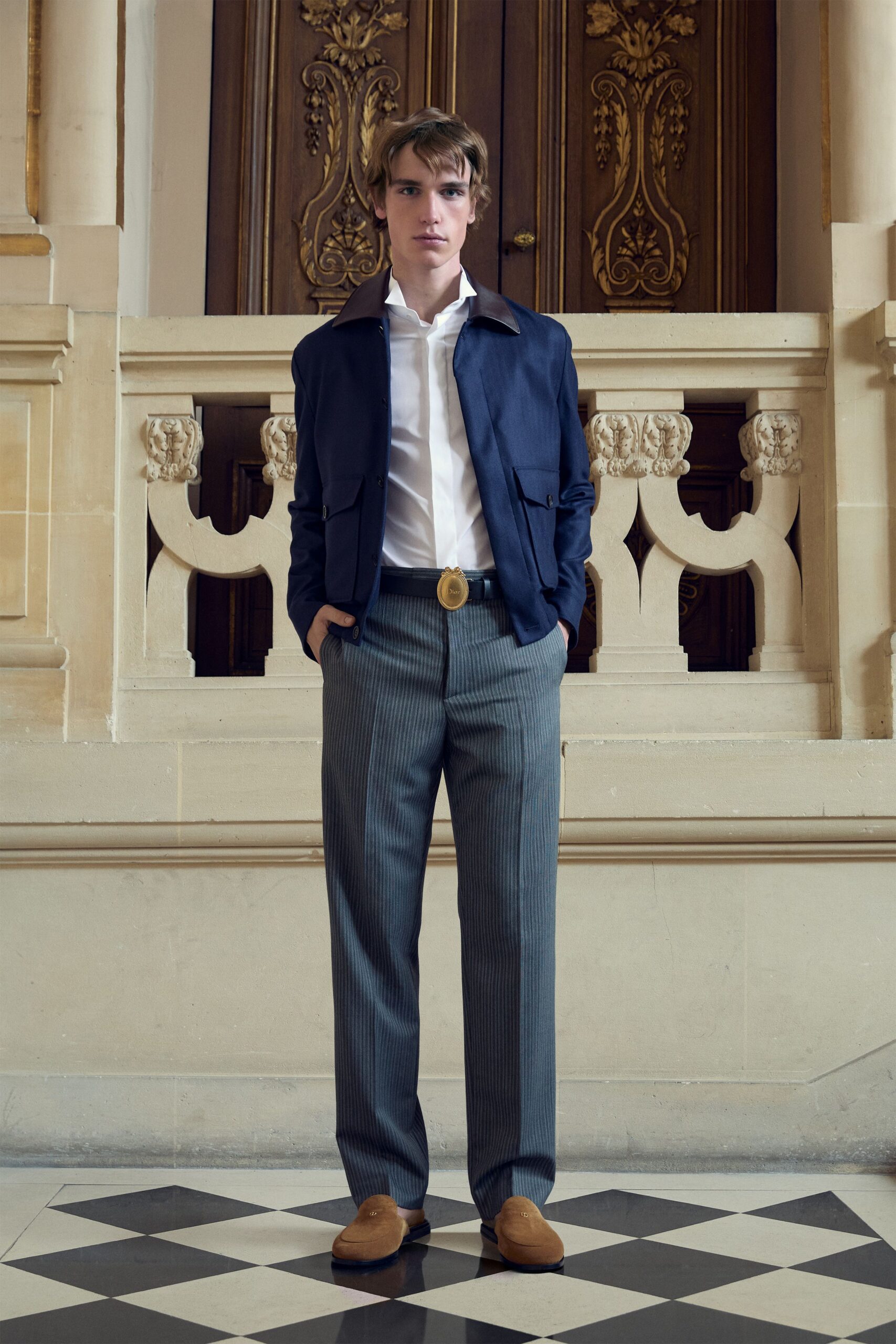 blue cotton long-sleeve collared structured jacket