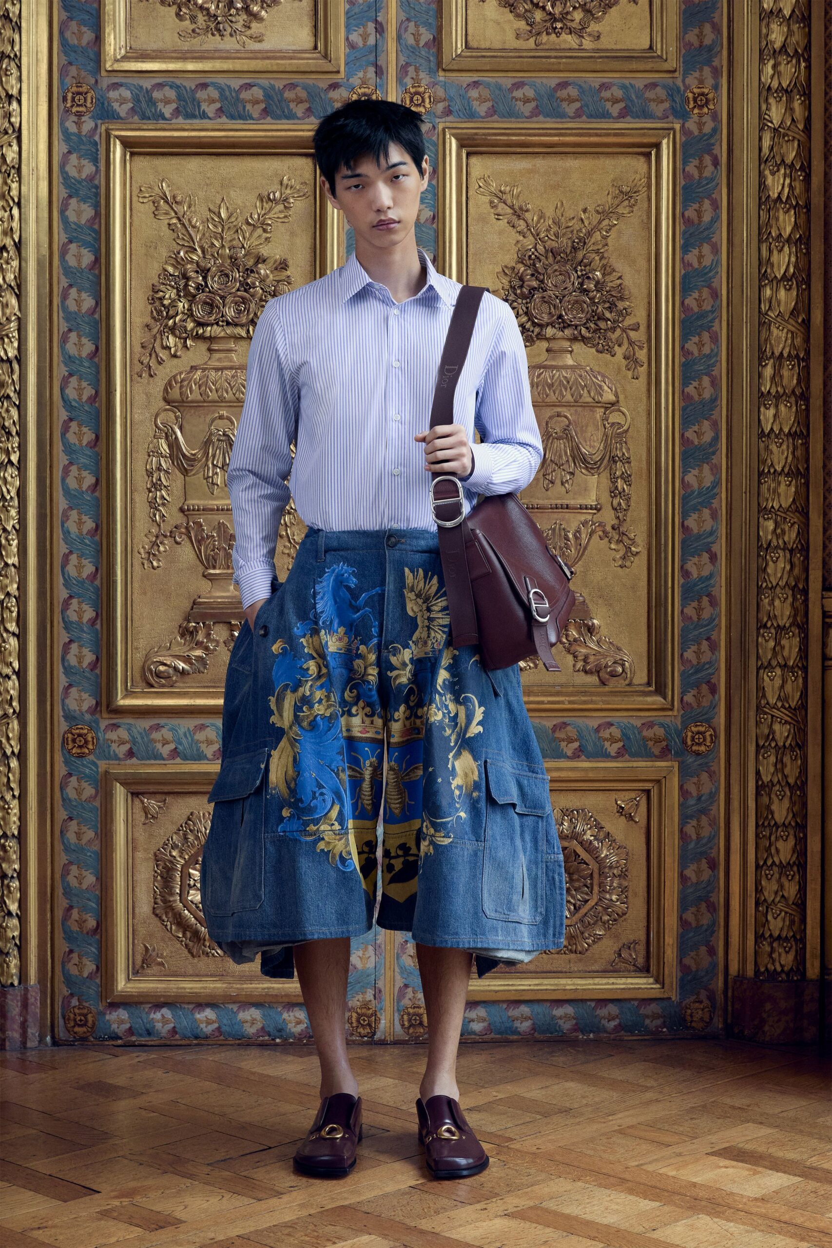 blue denim relaxed printed cargo skirt