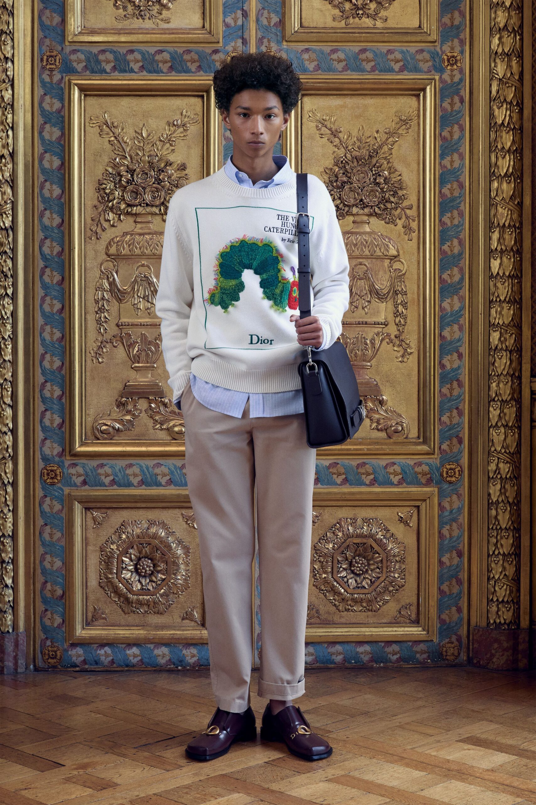 white cotton long-sleeve collared relaxed printed sweater