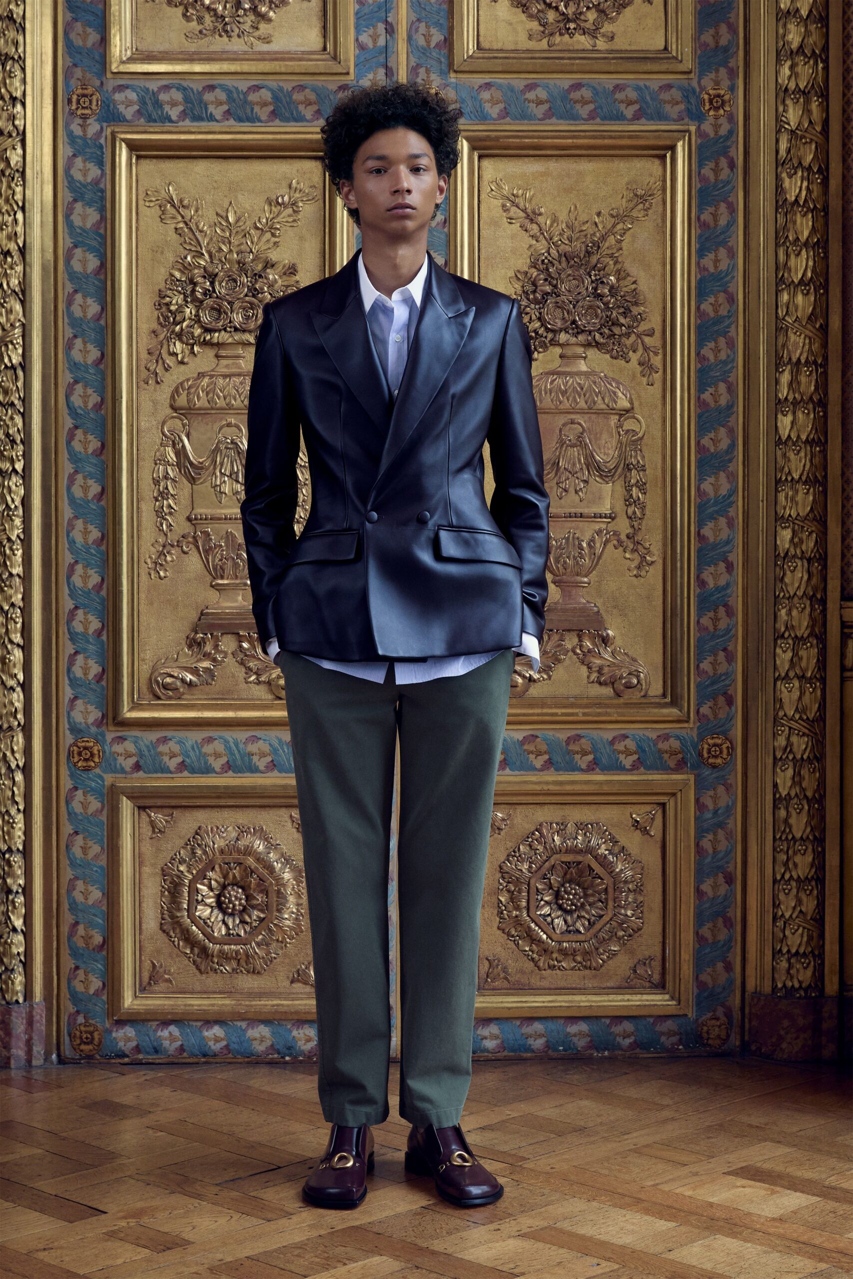 green wool tailored straight-leg pants