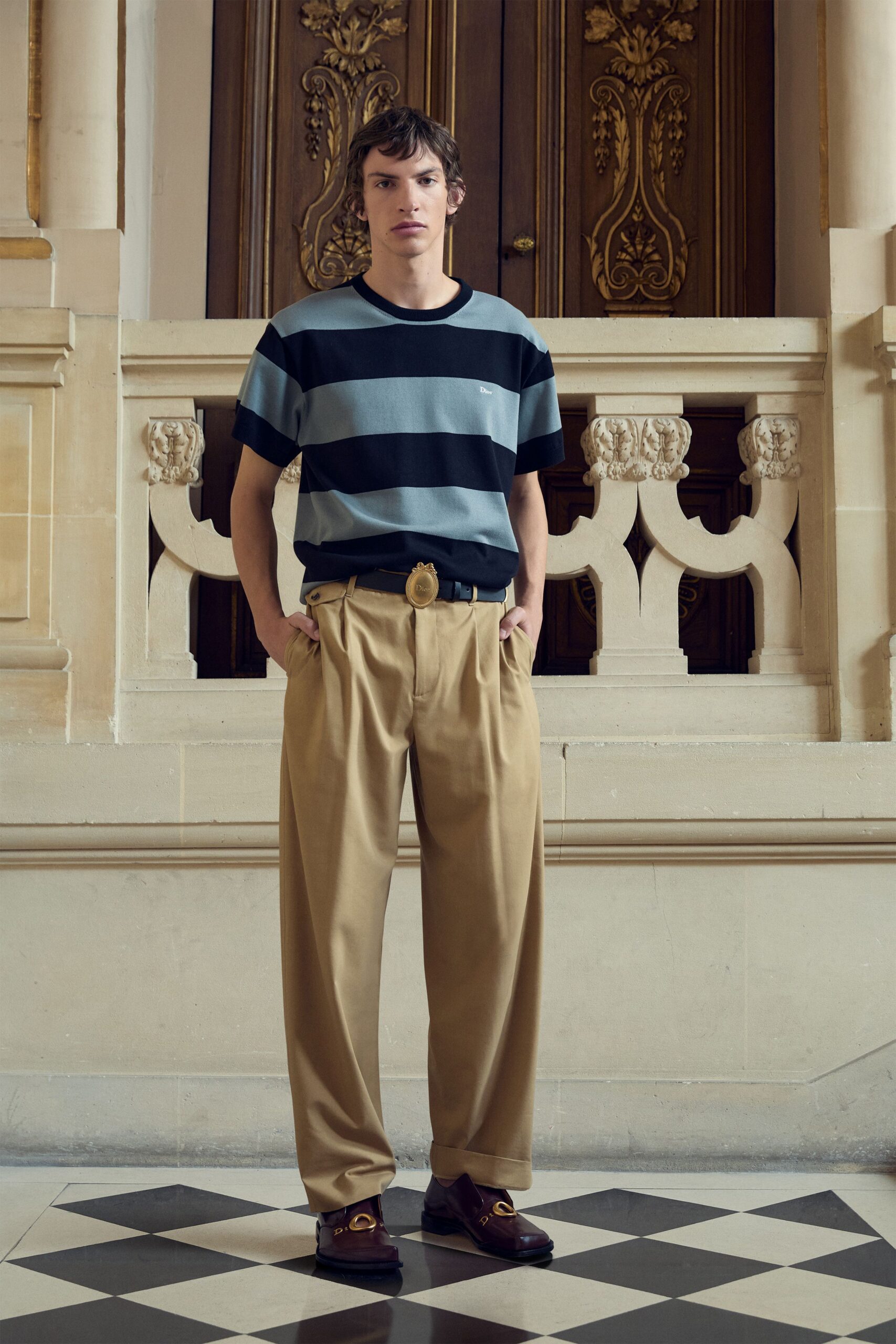 blue cotton short-sleeve collared relaxed striped t-shirt