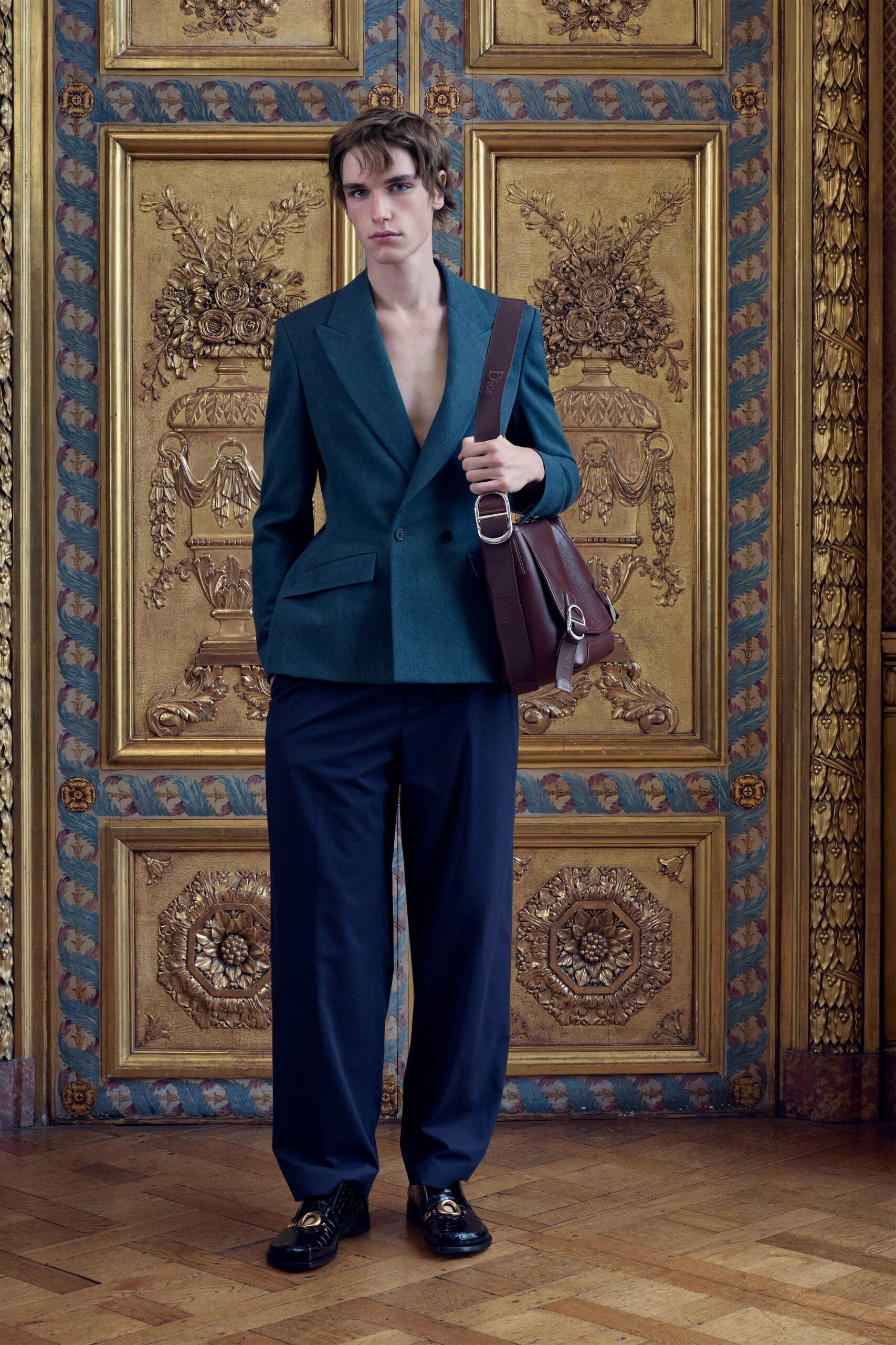 teal long-sleeve collared tailored blazer